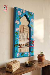 KB ART Blue Lotus Handpainted Wooden Jharokha Mirror - Close-Up of Hand-Carved Artisan Texture - Handcrafted Wooden Decor Jodhpur