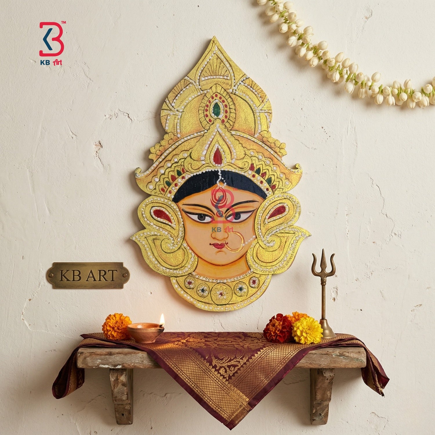 KB ART Mata Ji Face Pichwai Wall Decor - Close-Up of Hand-Carved Artisan Texture - Handcrafted Wooden Decor Jodhpur