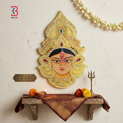 KB ART Mata Ji Face Pichwai Wall Decor - Close-Up of Hand-Carved Artisan Texture - Handcrafted Wooden Decor Jodhpur