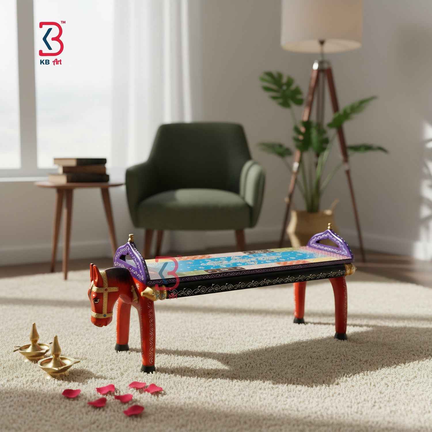 Handcrafted Wooden Horse Bench | Traditional Rajasthani Hand-Painted Decorative Stool