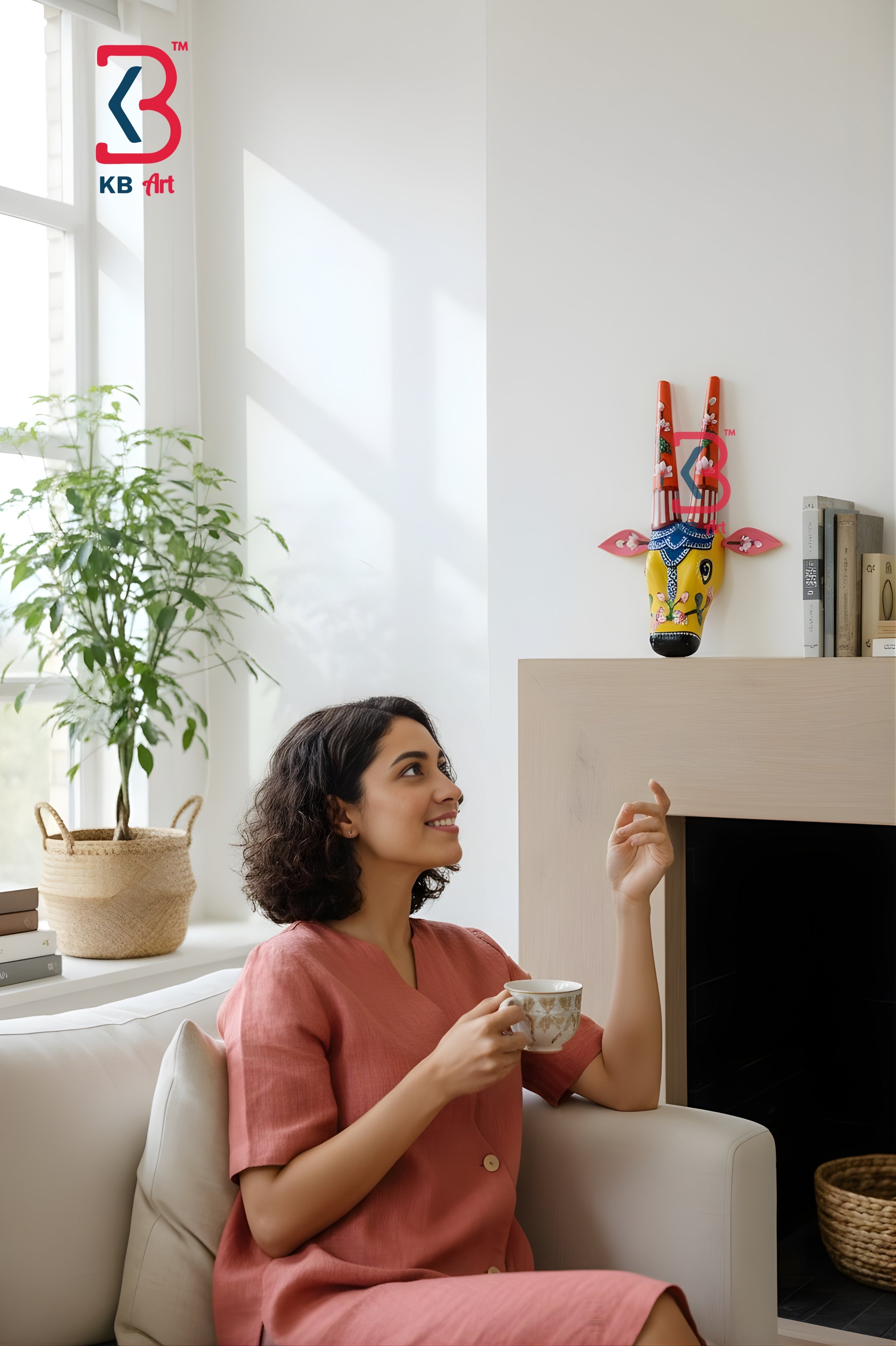 KB ART Wooden Carved Cow Mask Small 11 Inches - Styled Display in Home Interior Setting - Handcrafted Wooden Decor Jodhpur