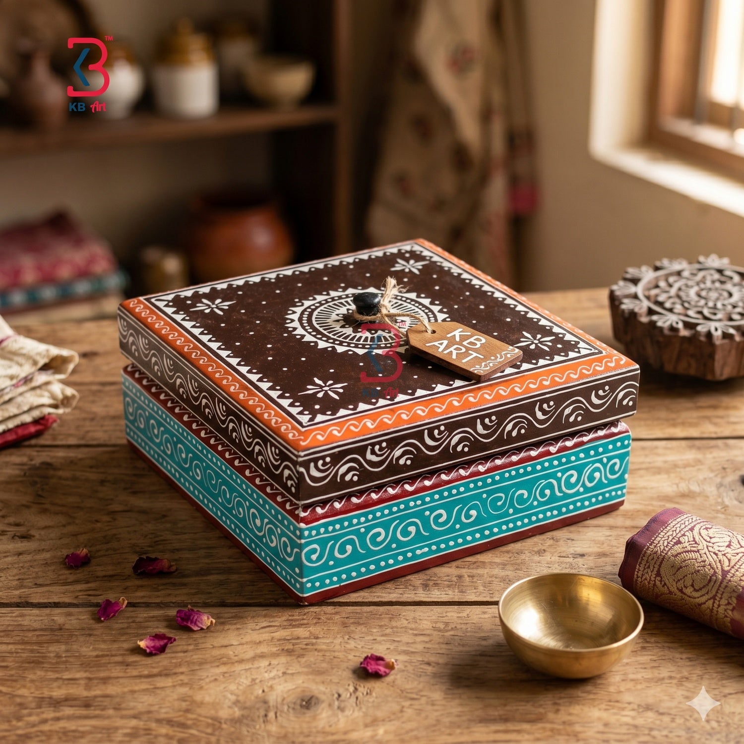 KB ART Wooden Hand Painted Square Jewelry Box - Close-Up of Hand-Carved Artisan Texture - Handcrafted Wooden Decor Jodhpur