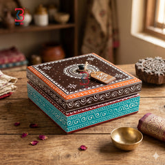 KB ART Wooden Hand Painted Square Jewelry Box - Close-Up of Hand-Carved Artisan Texture - Handcrafted Wooden Decor Jodhpur