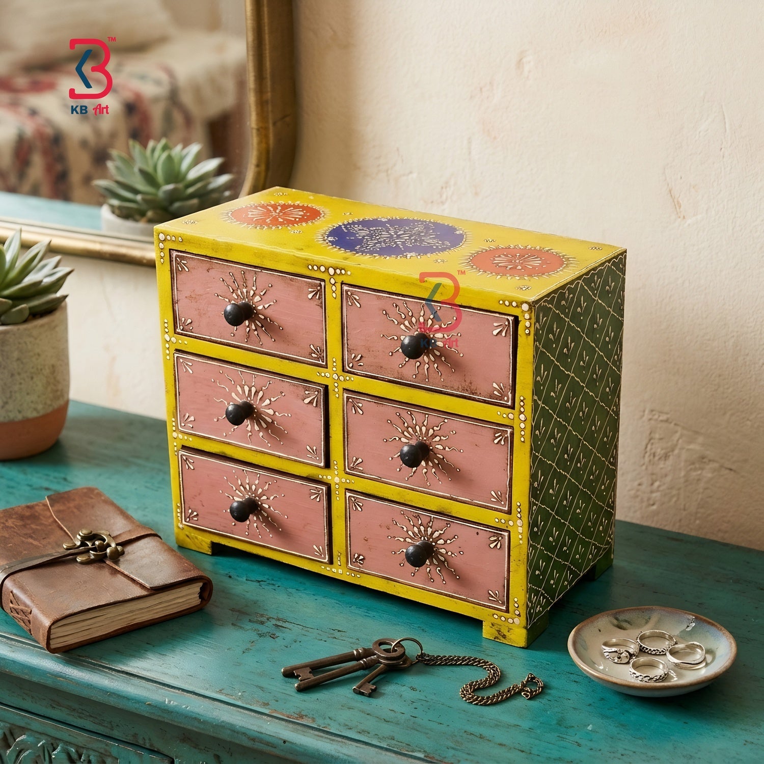 KB ART Vibrant 6 Drawer Wooden Box - Front View of Handcrafted Detailing - Handcrafted Wooden Decor Jodhpur