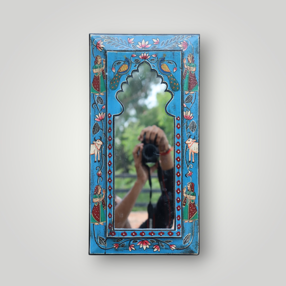KB ART Jodhpuri Blue Handpainted Wooden Wall Mirror – 9.5x19 Inch  | Pichwai Cow & Lady Design | Arch Jharokha Boho Mirror for Home Décor