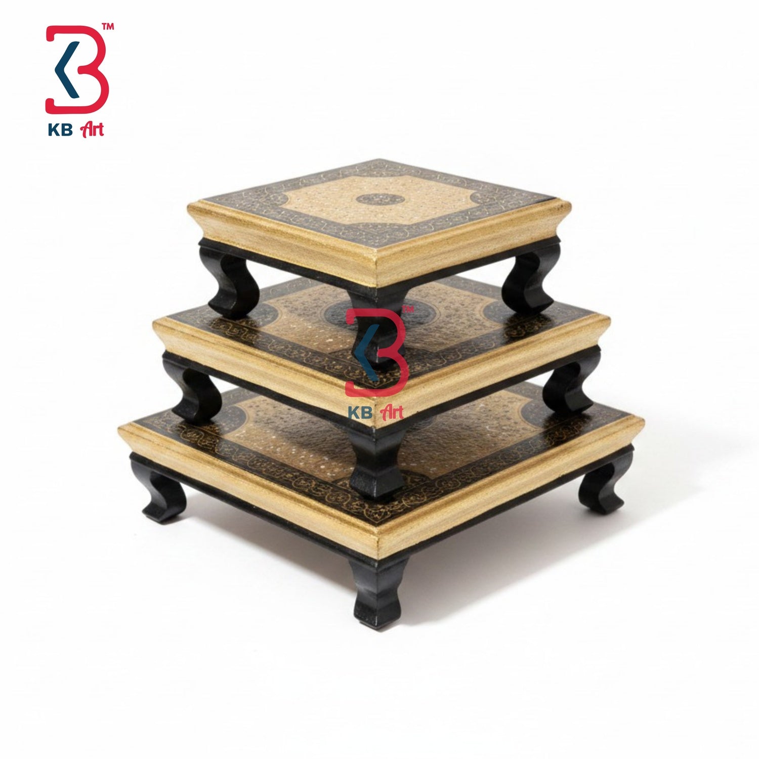 Three-tiered wooden stand with decorative patterns on a white background, featuring the KB Art logo.