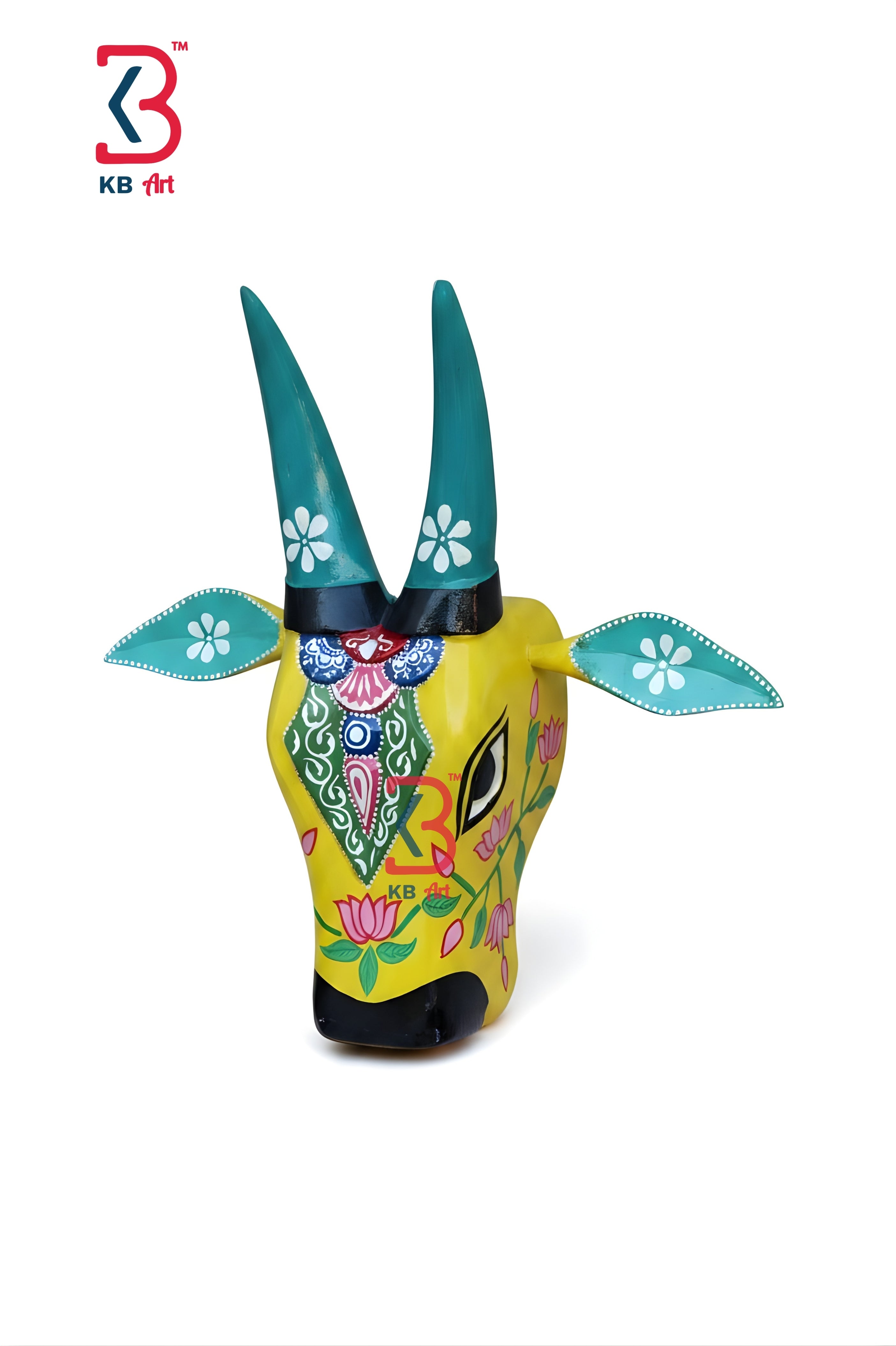 KB ART Carved Bull Head Wall Decor Pichwai - Styled Display in Home Interior Setting - Handcrafted Wooden Decor Jodhpur