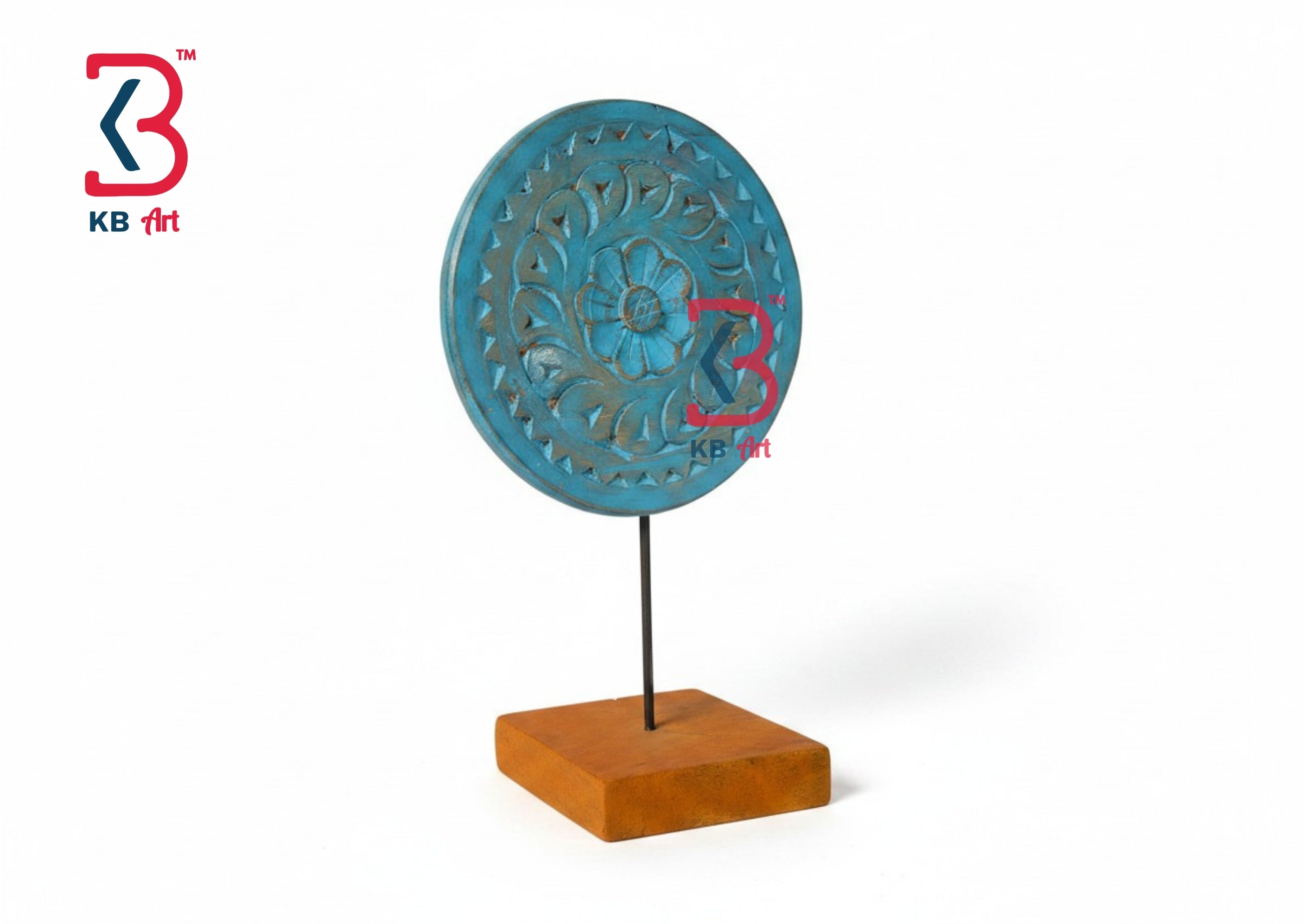 KB ART Blue Round Wooden Table Decor Stand - Close-Up of Hand-Carved Artisan Texture - Handcrafted Wooden Decor Jodhpur