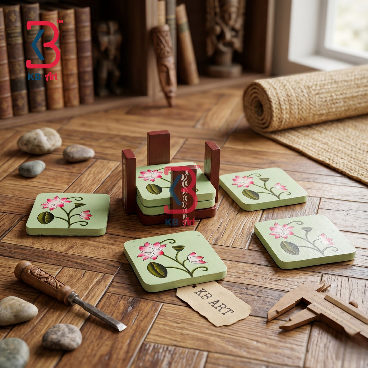 KB ART Wooden Pichwai Tea Coaster Floral - Close-Up of Hand-Carved Artisan Texture - Handcrafted Wooden Decor Jodhpur