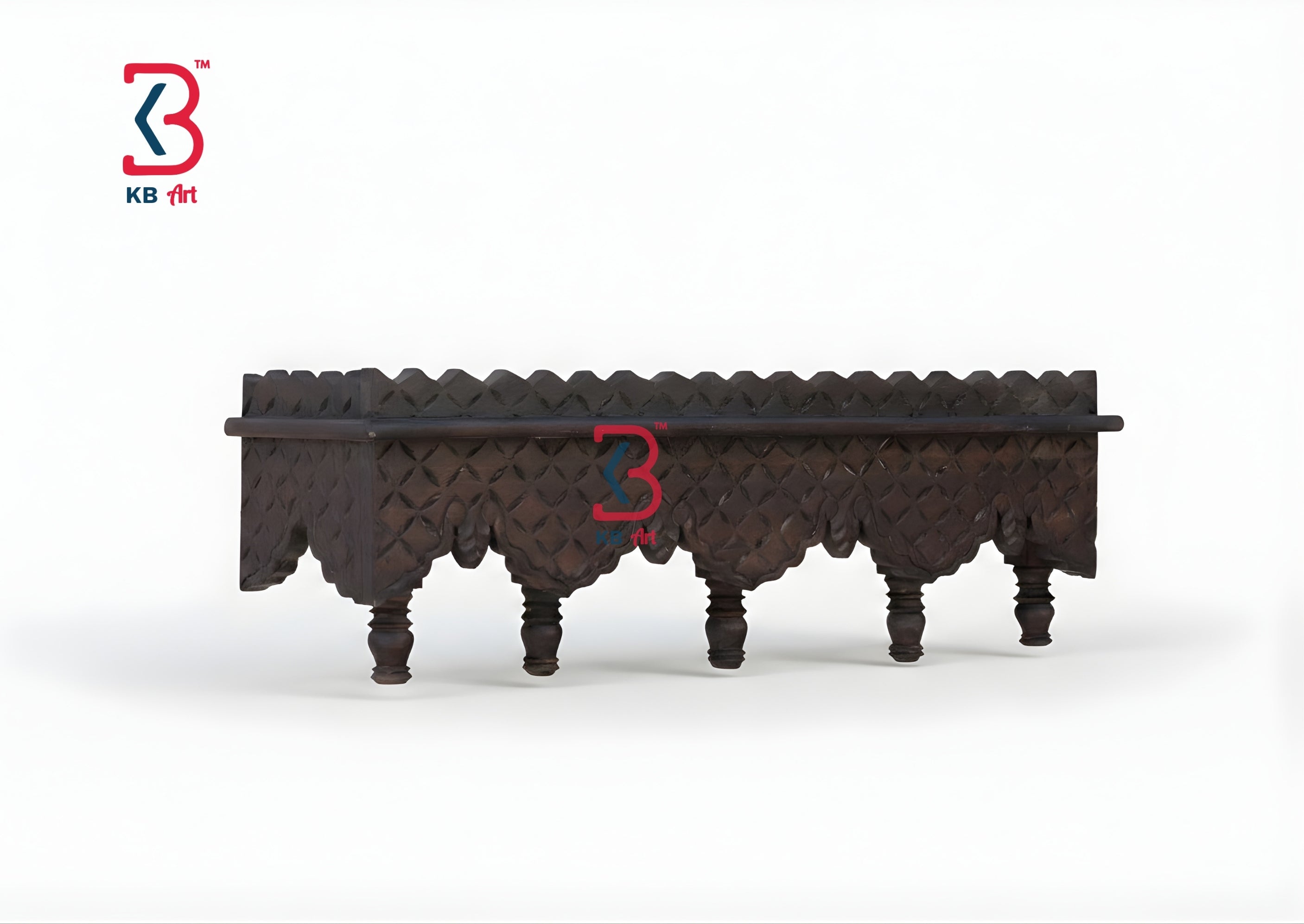 KB ART Dark Brown Scalloped Wall Shelf - Front View of Handcrafted Detailing - Handcrafted Wooden Decor Jodhpur