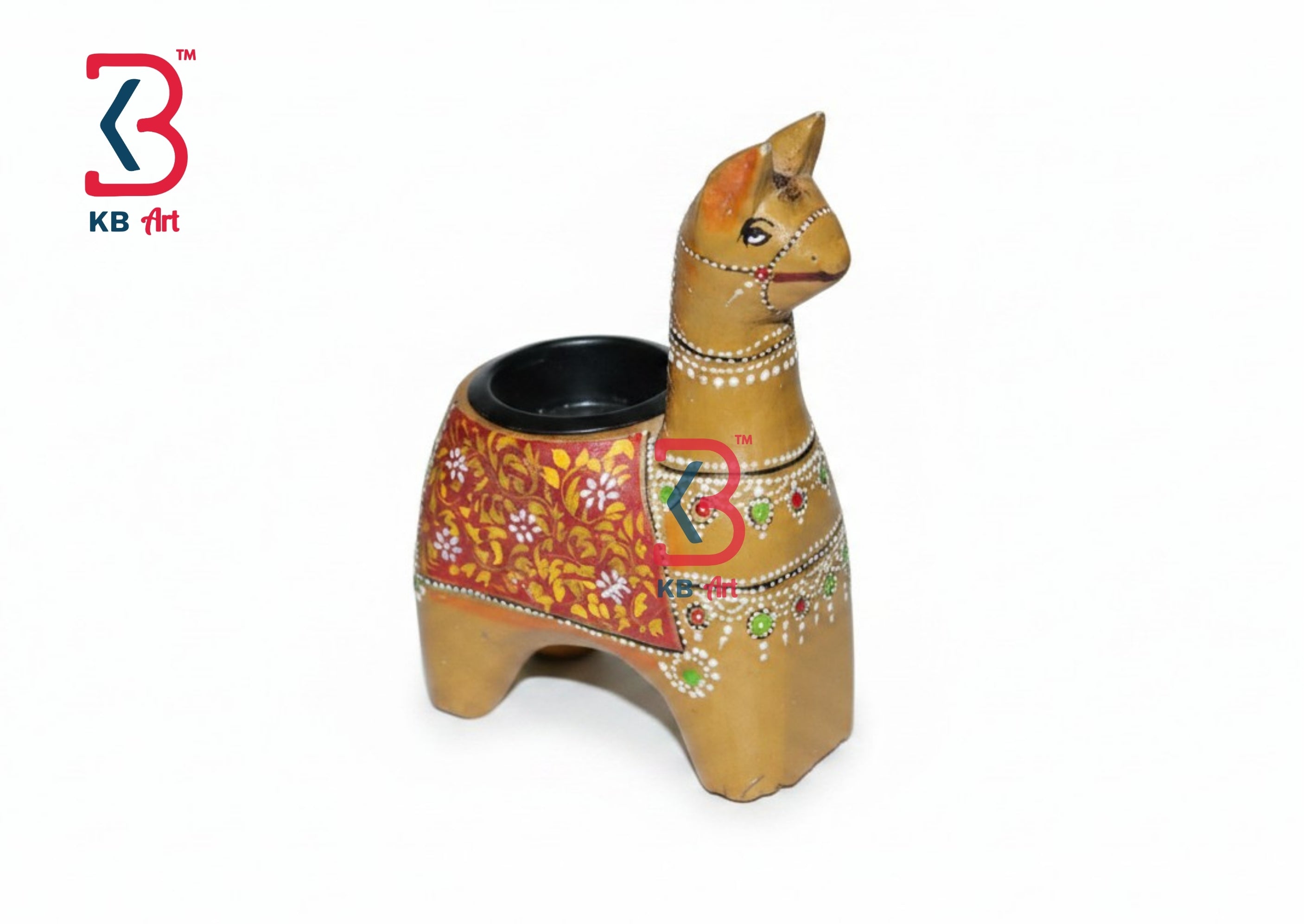 KB ART Wooden Girafe Tlight Holder - Front View of Handcrafted Detailing - Handcrafted Wooden Decor Jodhpur