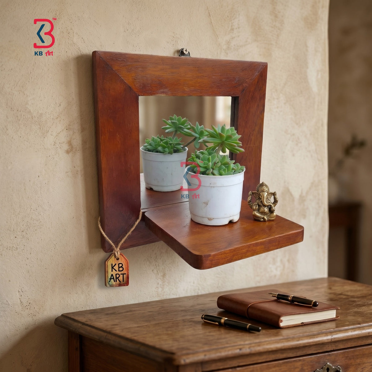 KB ART Wooden Rectangle Brown Mirror Planter - Close-Up of Hand-Carved Artisan Texture - Handcrafted Wooden Decor Jodhpur