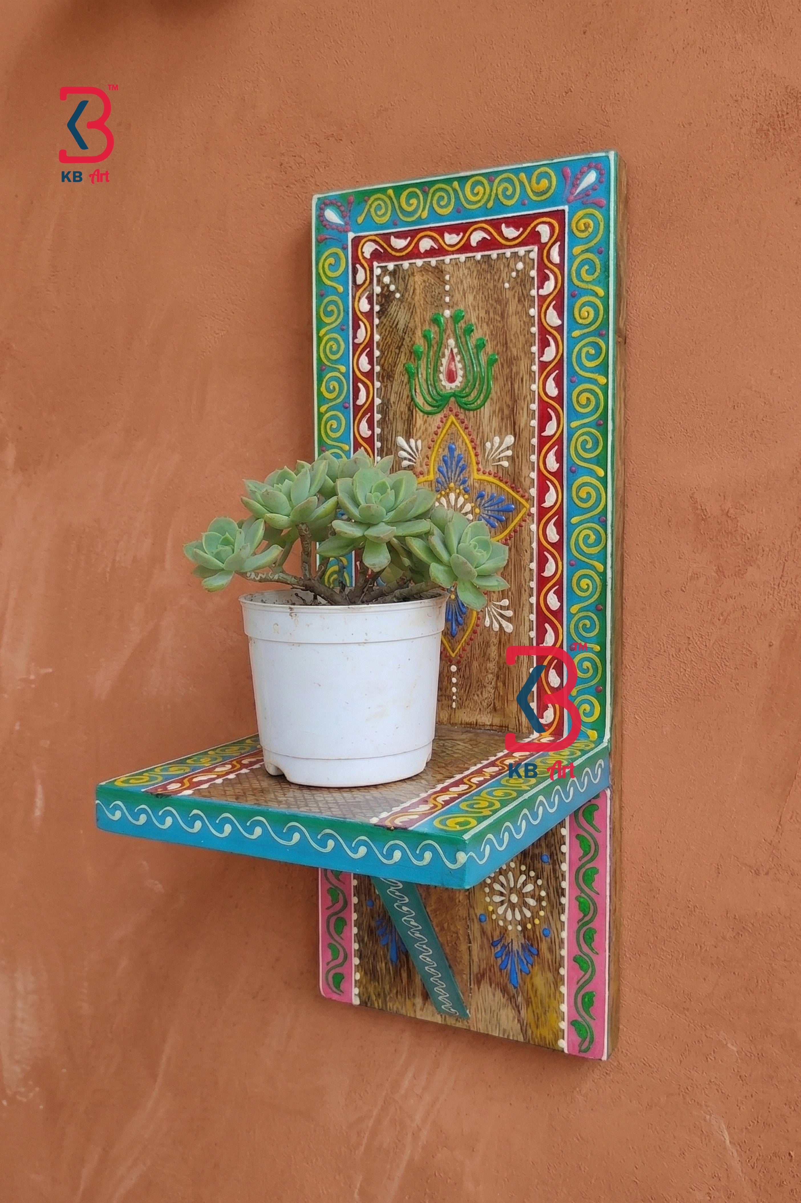 KB ART Wooden Rectangle Painted Planter Shelf - Close-Up of Hand-Carved Artisan Texture - Handcrafted Wooden Decor Jodhpur