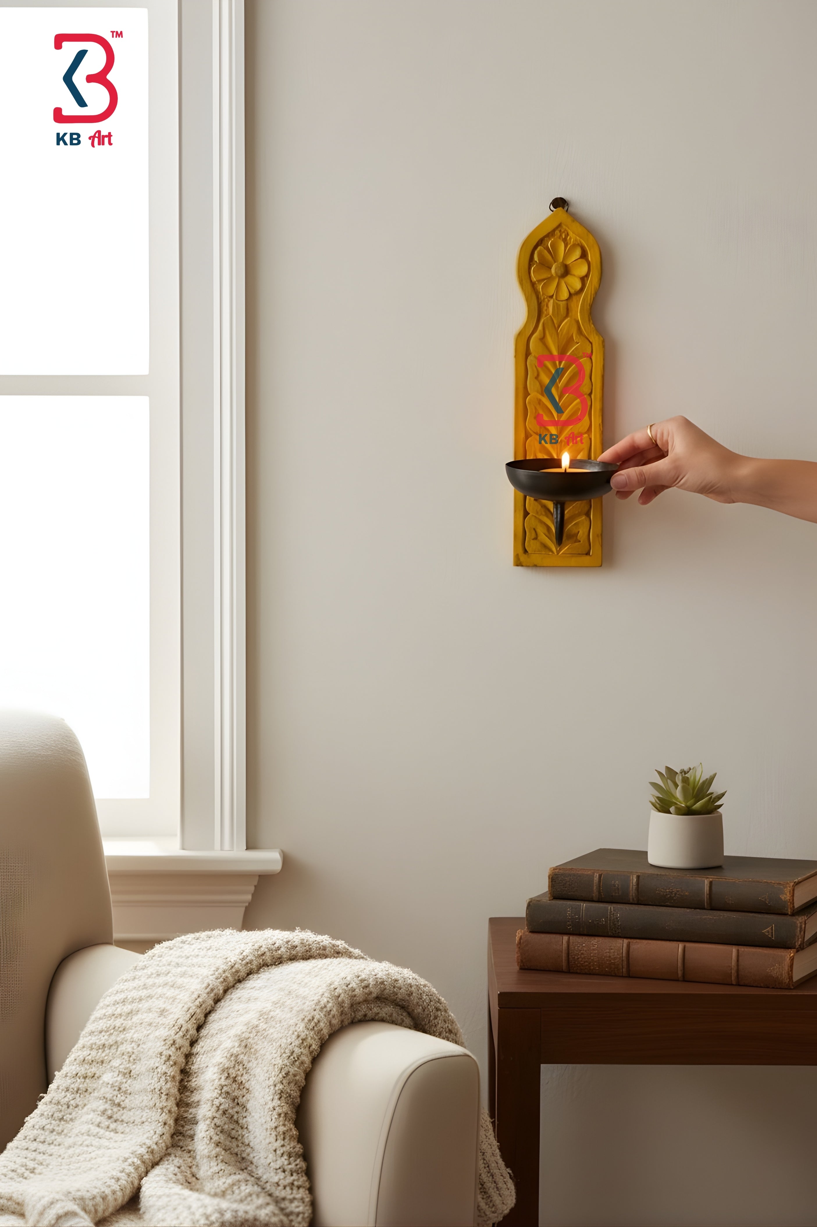 KB ART Yellow Carved Tlight Wall Holder - Styled Display in Home Interior Setting - Handcrafted Wooden Decor Jodhpur