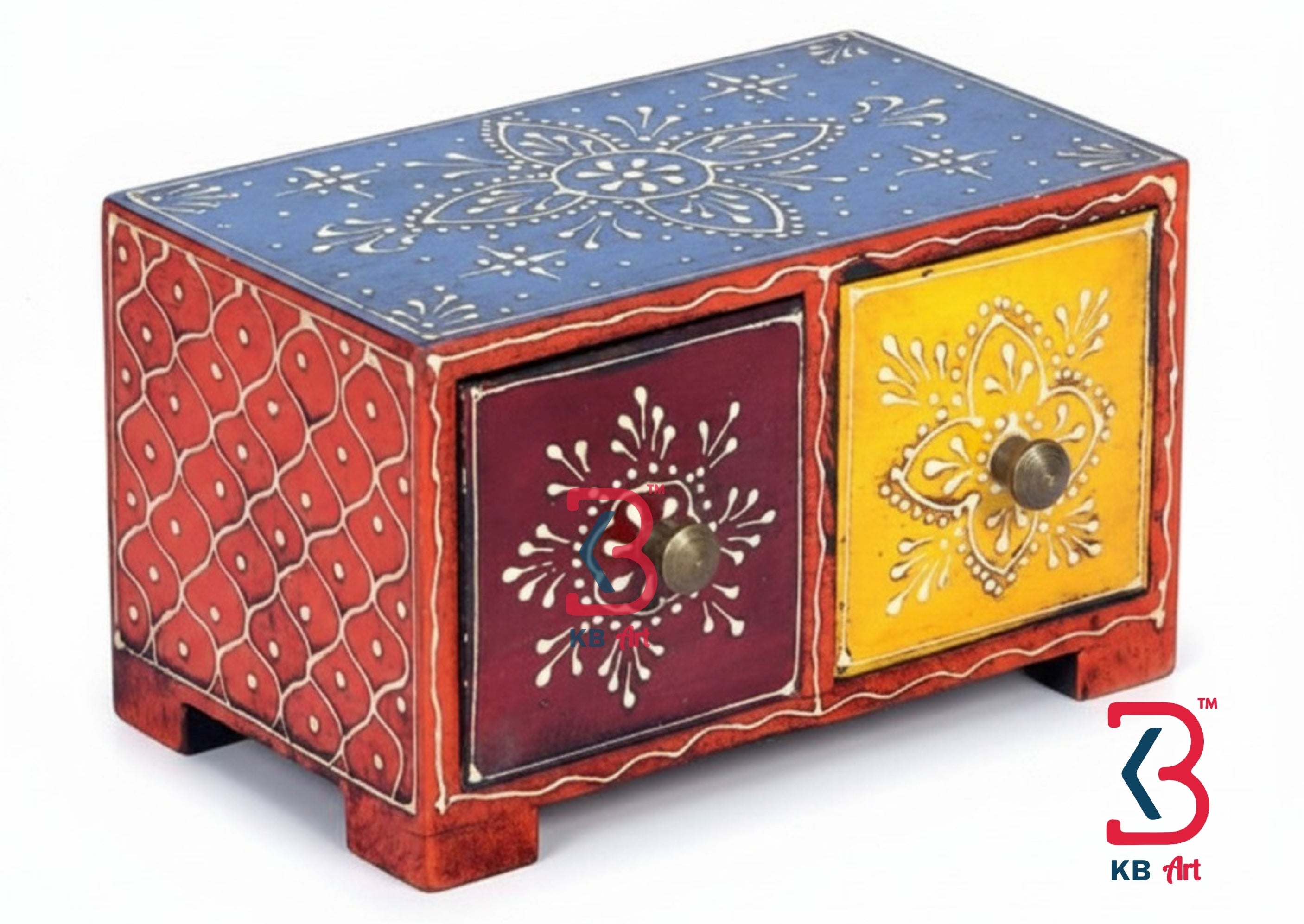 KB ART Hand Painted Wooden 2 Drawer Jewelry Box - Close-Up of Hand-Carved Artisan Texture - Handcrafted Wooden Decor Jodhpur