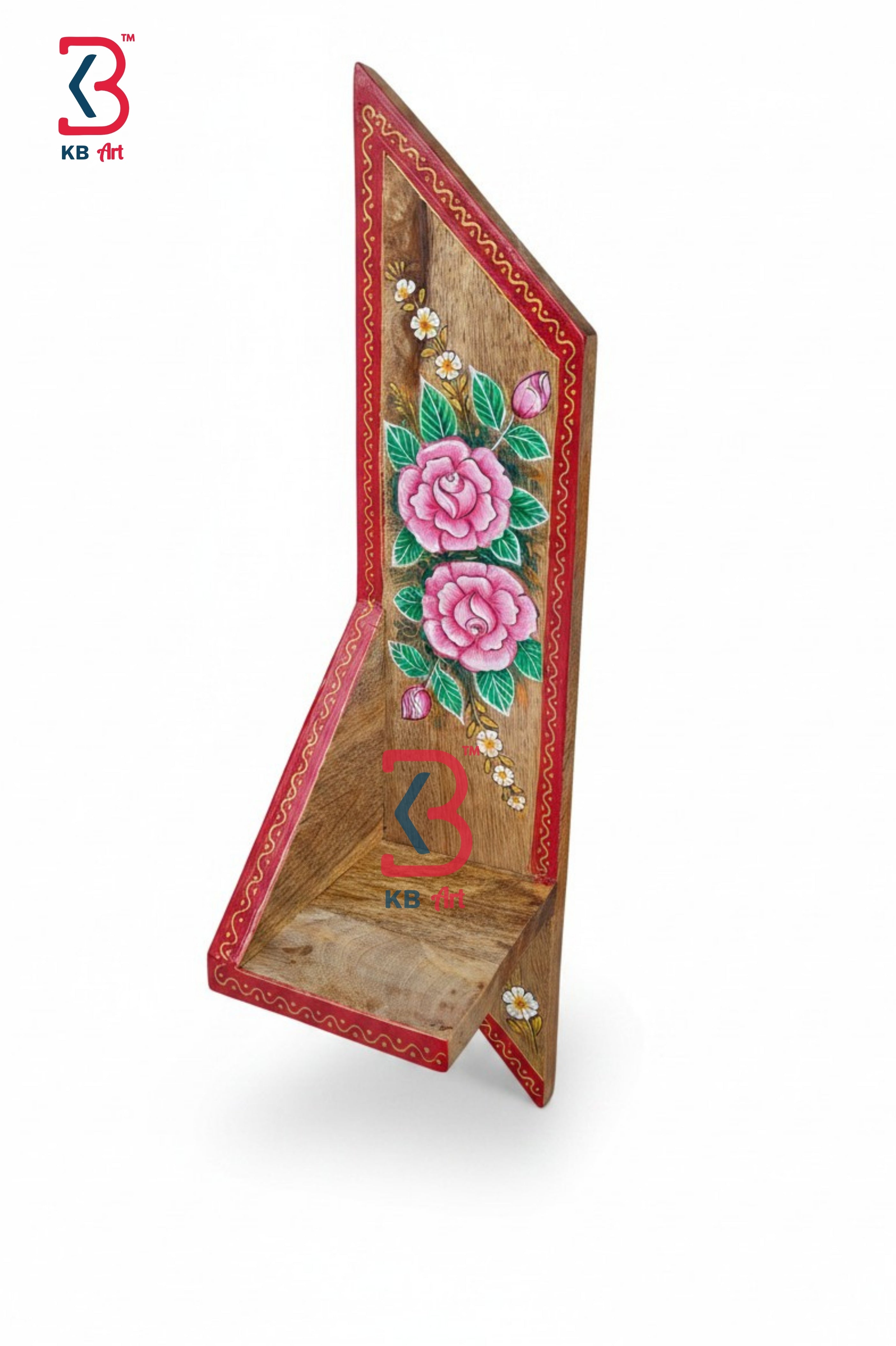 A styled lifestyle scene displaying the decorative hand-painted wooden shelf holding a green succulent pot.