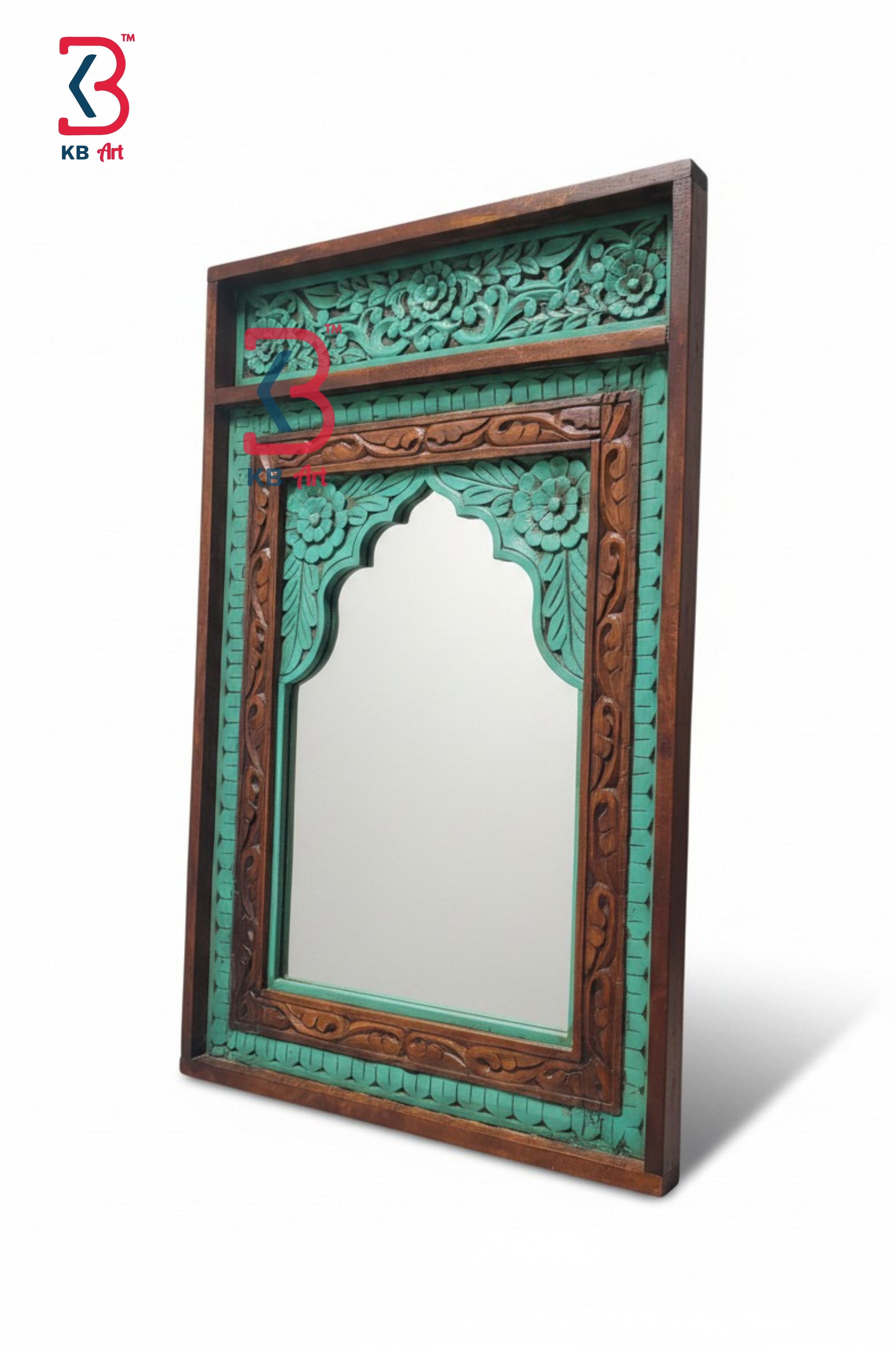 KB ART Jharokha Mirror Brown Green - Close-Up of Hand-Carved Artisan Texture - Handcrafted Wooden Decor Jodhpur