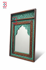 KB ART Jharokha Mirror Brown Green - Close-Up of Hand-Carved Artisan Texture - Handcrafted Wooden Decor Jodhpur