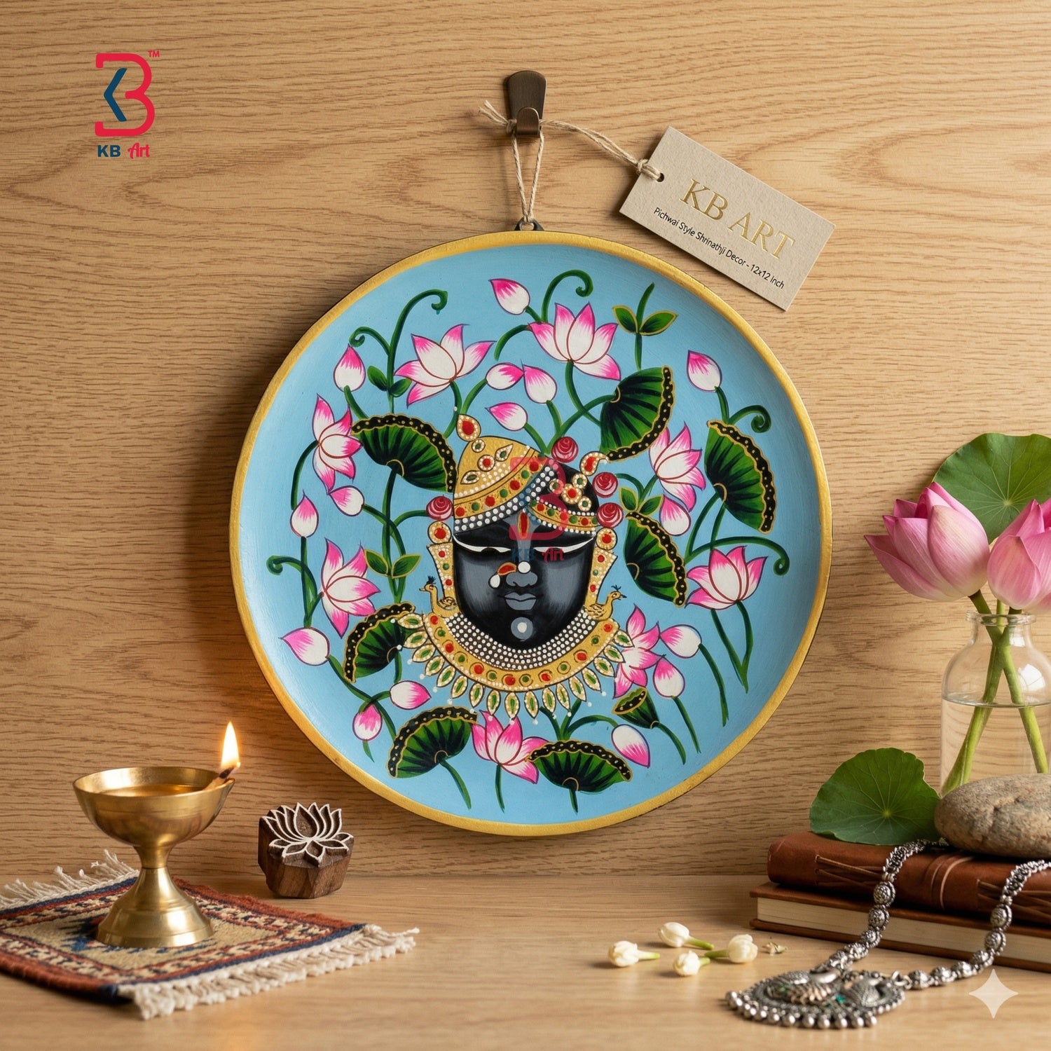 KB ART Wooden Pichwai Wall Plates Shrinath Ji - Close-Up of Hand-Carved Artisan Texture - Handcrafted Wooden Decor Jodhpur