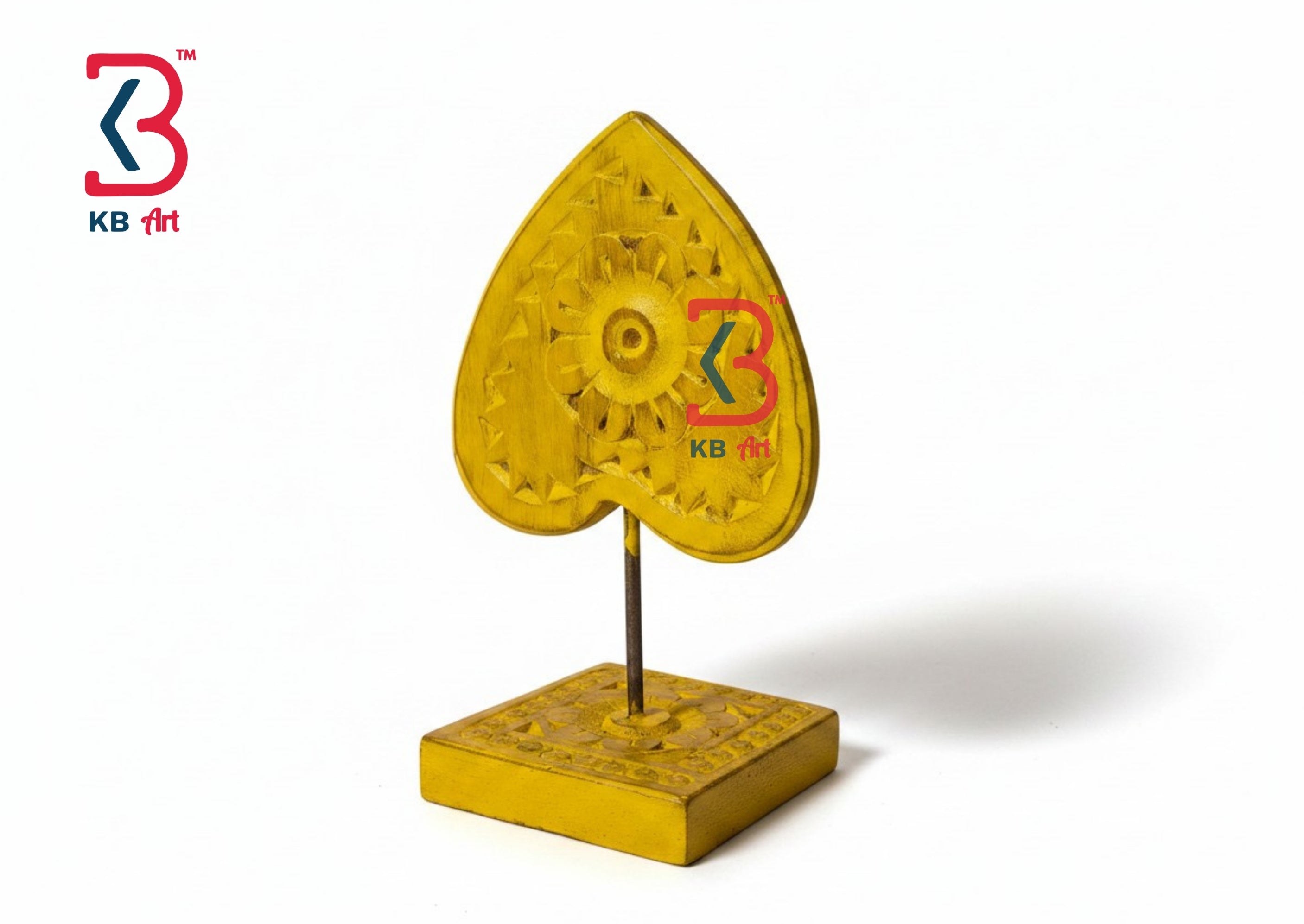 KB ART Yellow Triangle Heart Carved Table Decor - Front View of Handcrafted Detailing - Handcrafted Wooden Decor Jodhpur