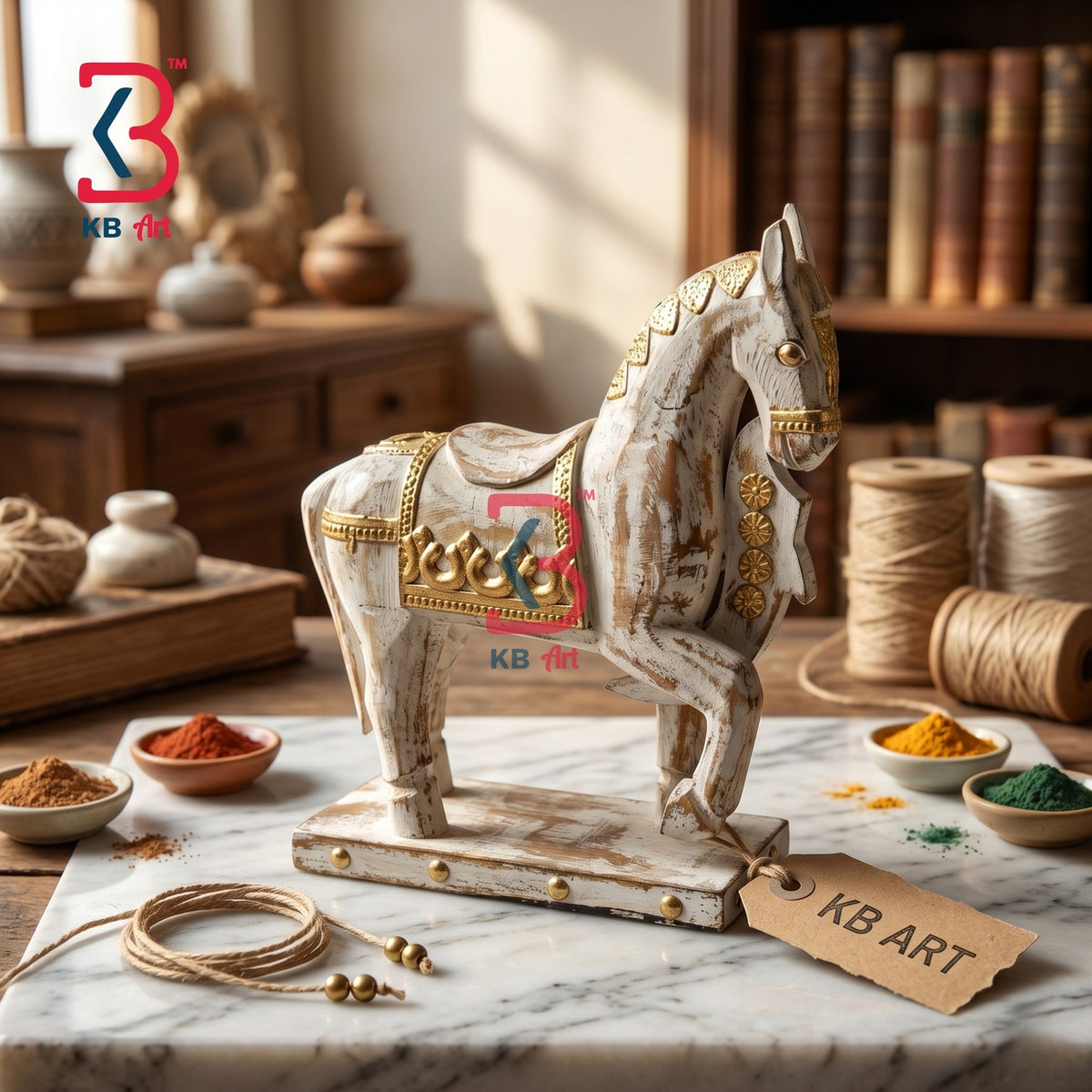 KB ART Hand-Painted Wooden Small Horse Figurine – Traditional Rajasthani Handicraft Decorative Accent