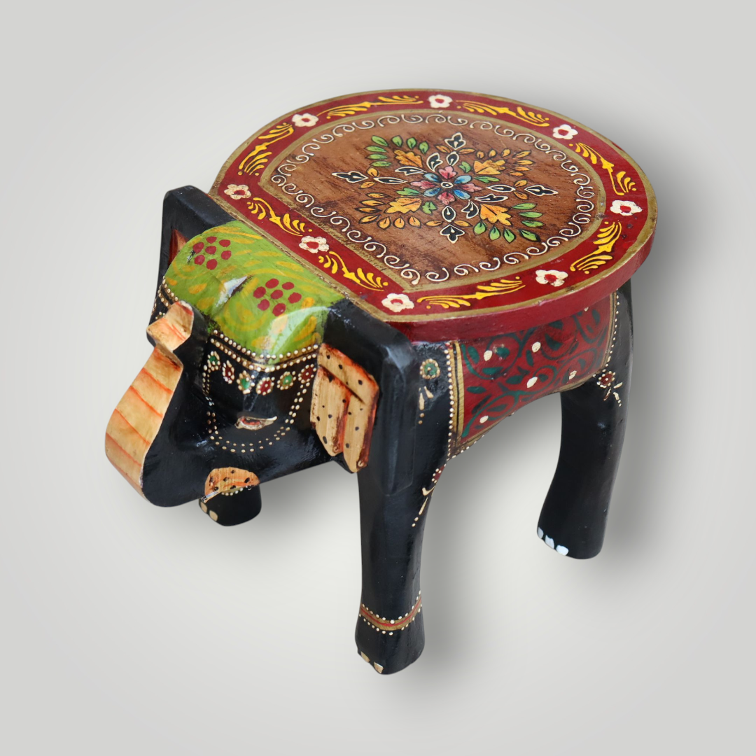 KB ART Handpainted Wooden Elephant Stool –  8 Inch Black & Red Misri Art | Handcarved Antique Look Home Decor & Gifting