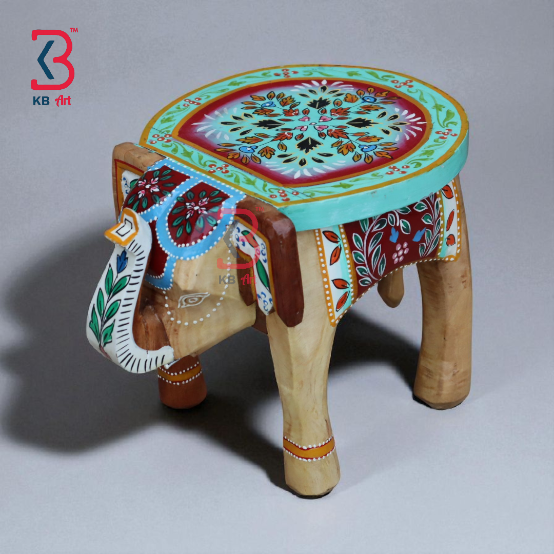 KB ART Handpainted Wooden Elephant Stool  – 8 Inch Natural & Multicolour Misri Art | Antique Look Handcarved Home & Table Décor
