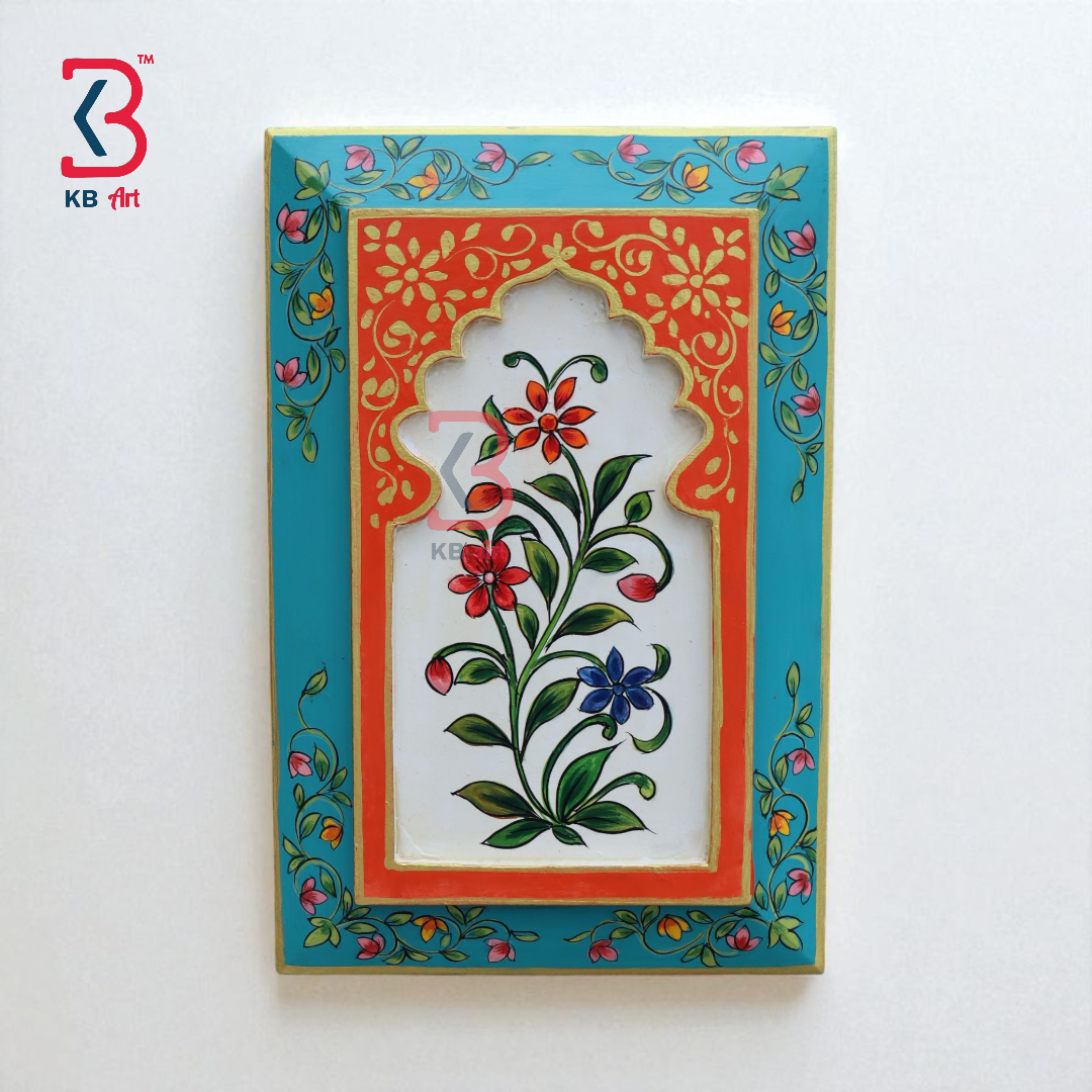KB ART Handpainted Wooden Jharokha Wall Panel –  Turquoise & Orange Floral Mughal Arch Decor | Antique Ethnic Wall Hanging