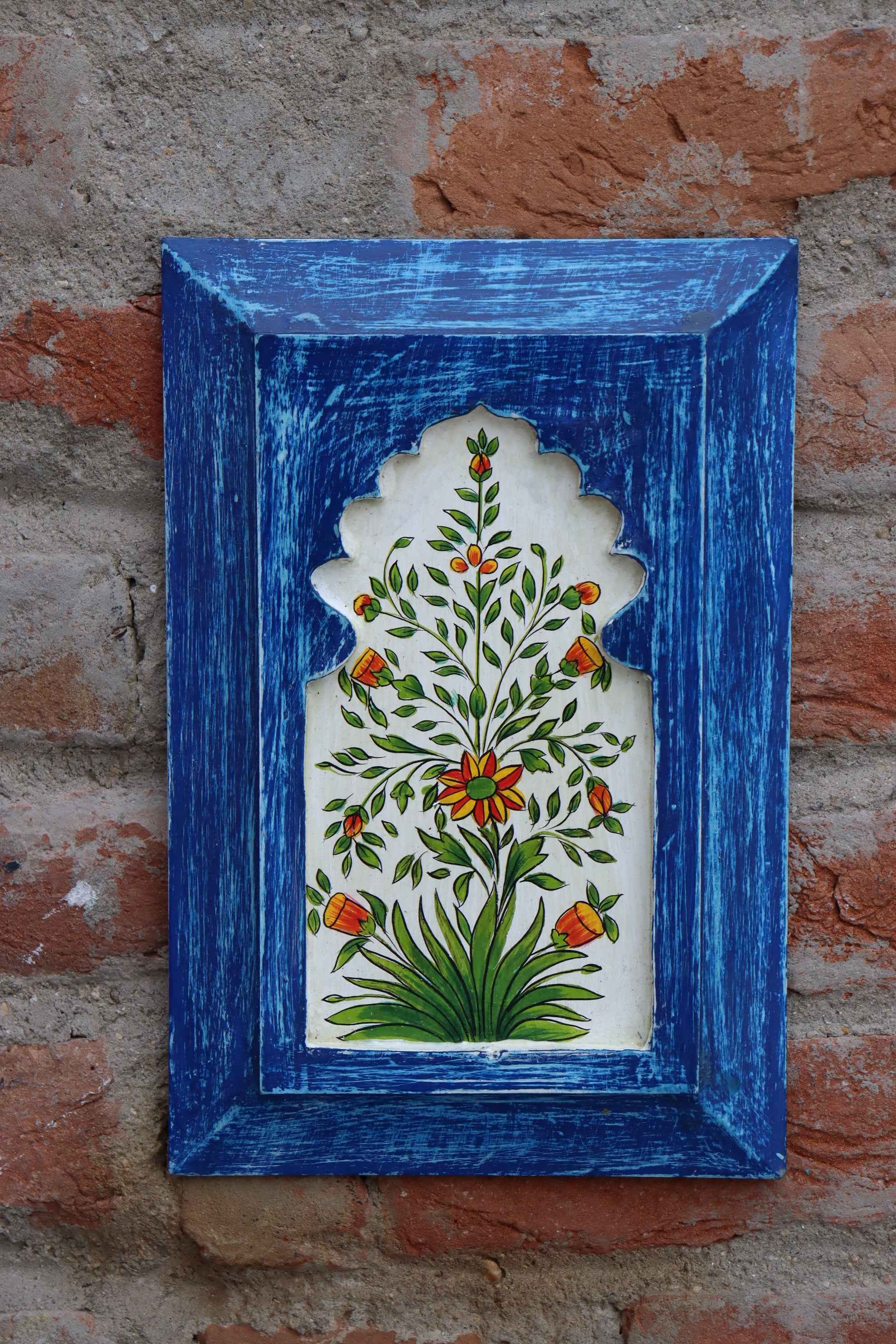 KB ART Handpainted Wooden Jharokha Wall Panel –  Dark Blue Floral Mughal Arch Decor | Antique Look Wall Hanging