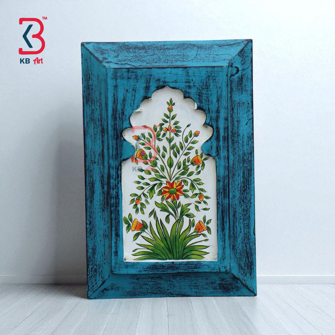 KB ART Handpainted Wooden Jharokha Wall Panel –  Turquoise Floral Mughal Arch Decor | Antique Look Wall Hanging