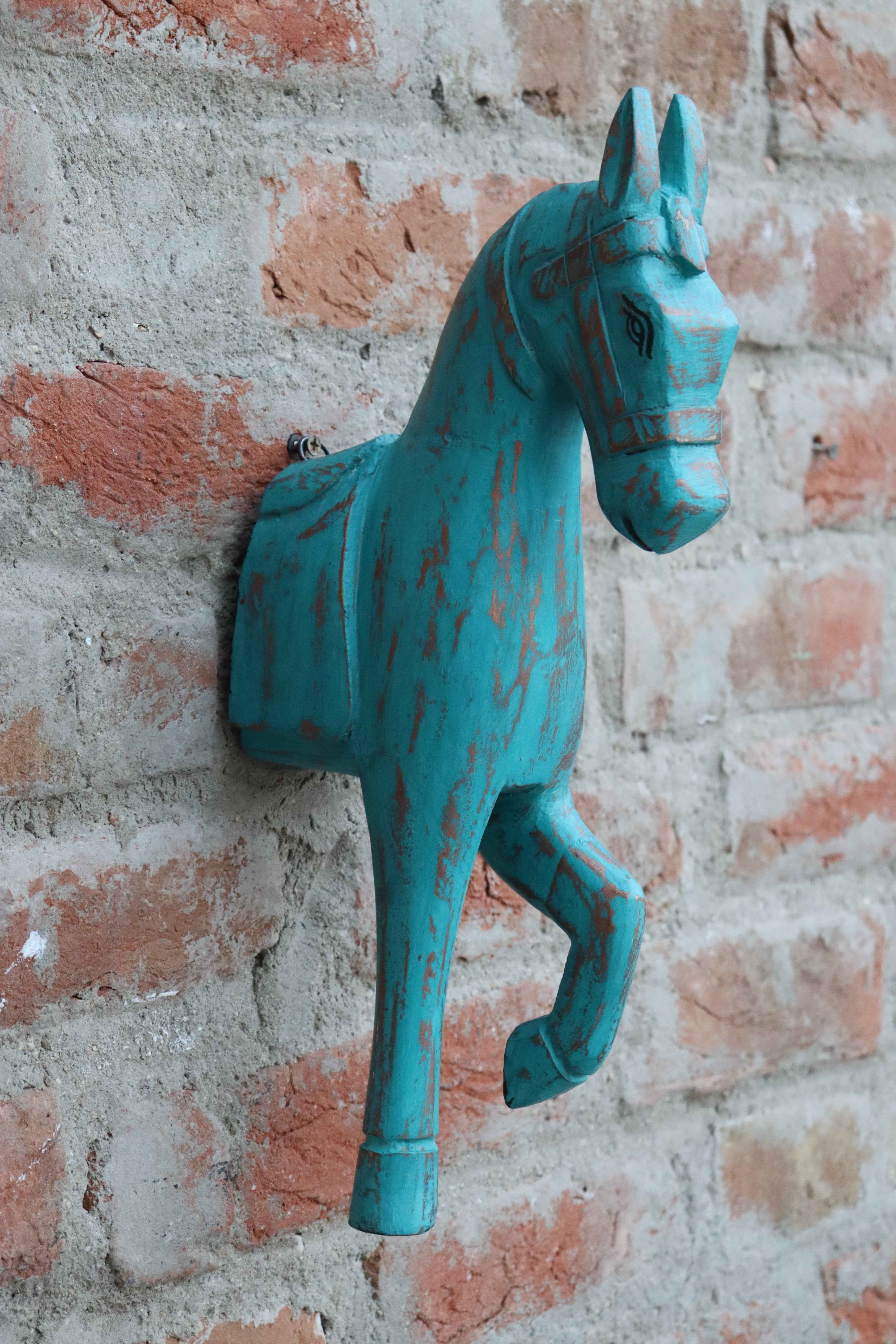 KB ART Turquoise Blue Horse Wall Decor - 16-Inch Distressed Wooden Wall Hanging with Golden Touch | Handcrafted Vintage-Style Rustic Indian Home Decor