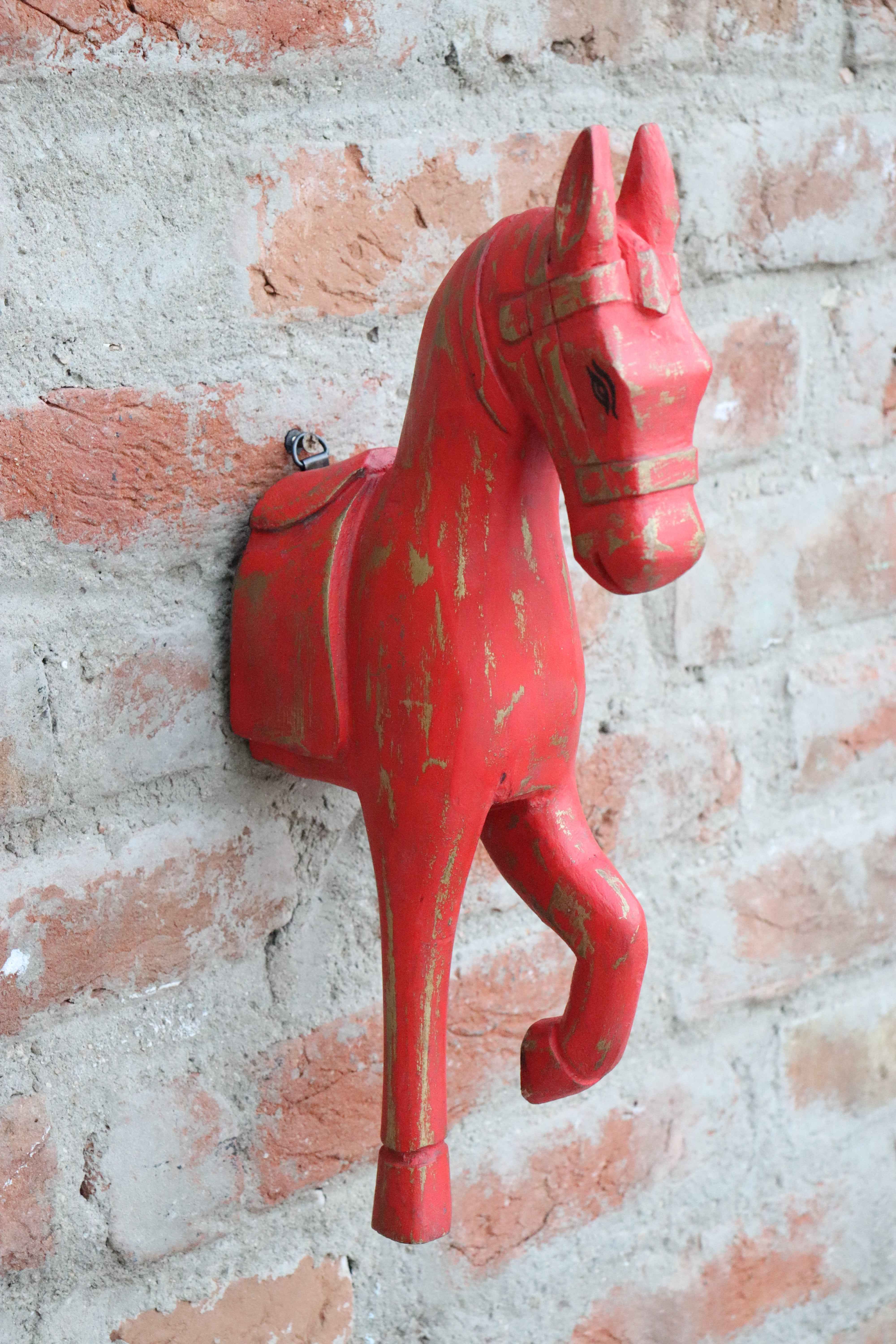 KB ART Rustic Wooden Horse Wall Decor - 16-Inch Orange Distressed Horse Head Wall Hanging with Golden Touch | Handcrafted Vintage-Style Rustic Indian Home Decor