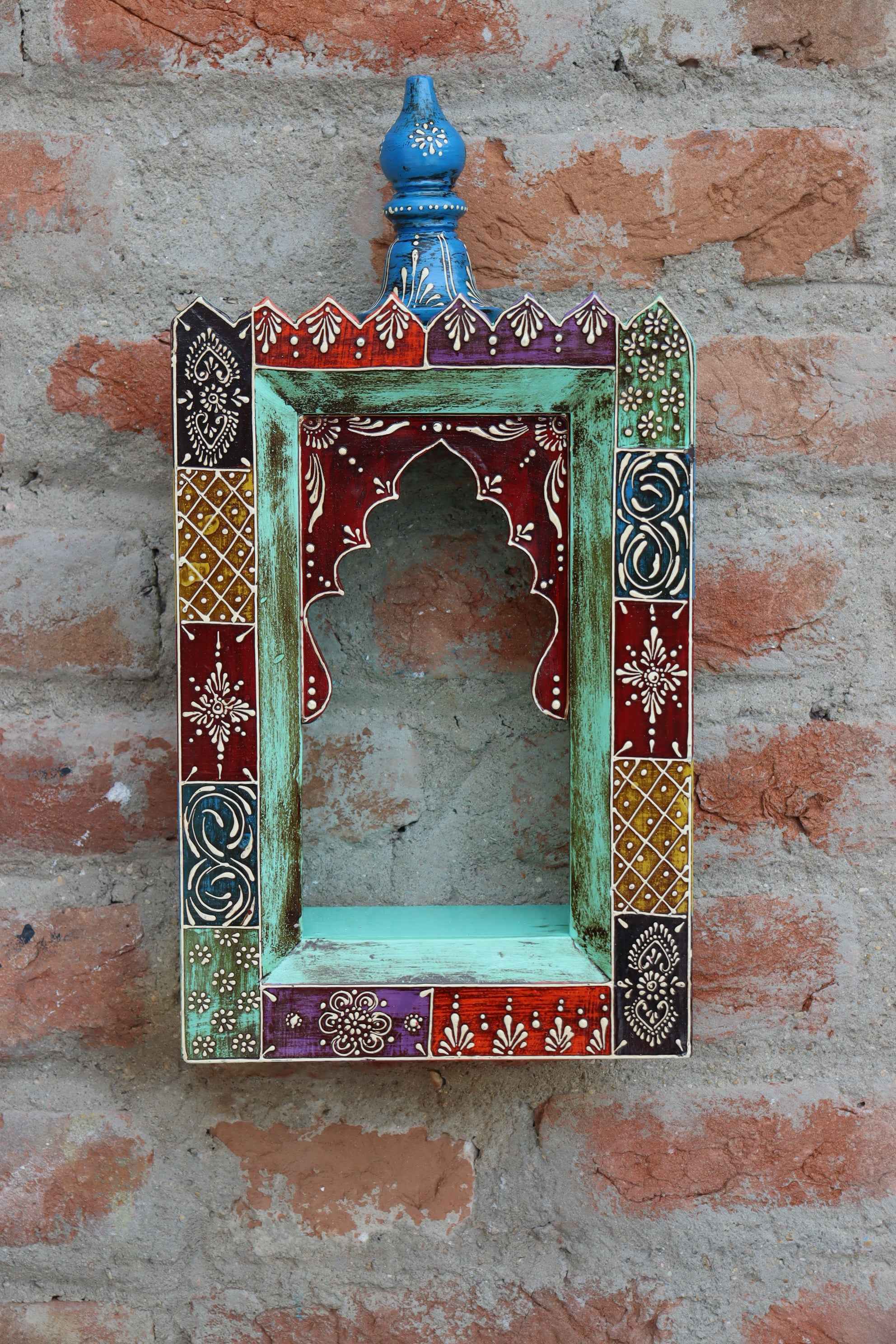 KB ART Handpainted Wooden Temple Wall Decor –  Multicolor Amboz Work Antique Look Handcarved Wall Hanging Mandir