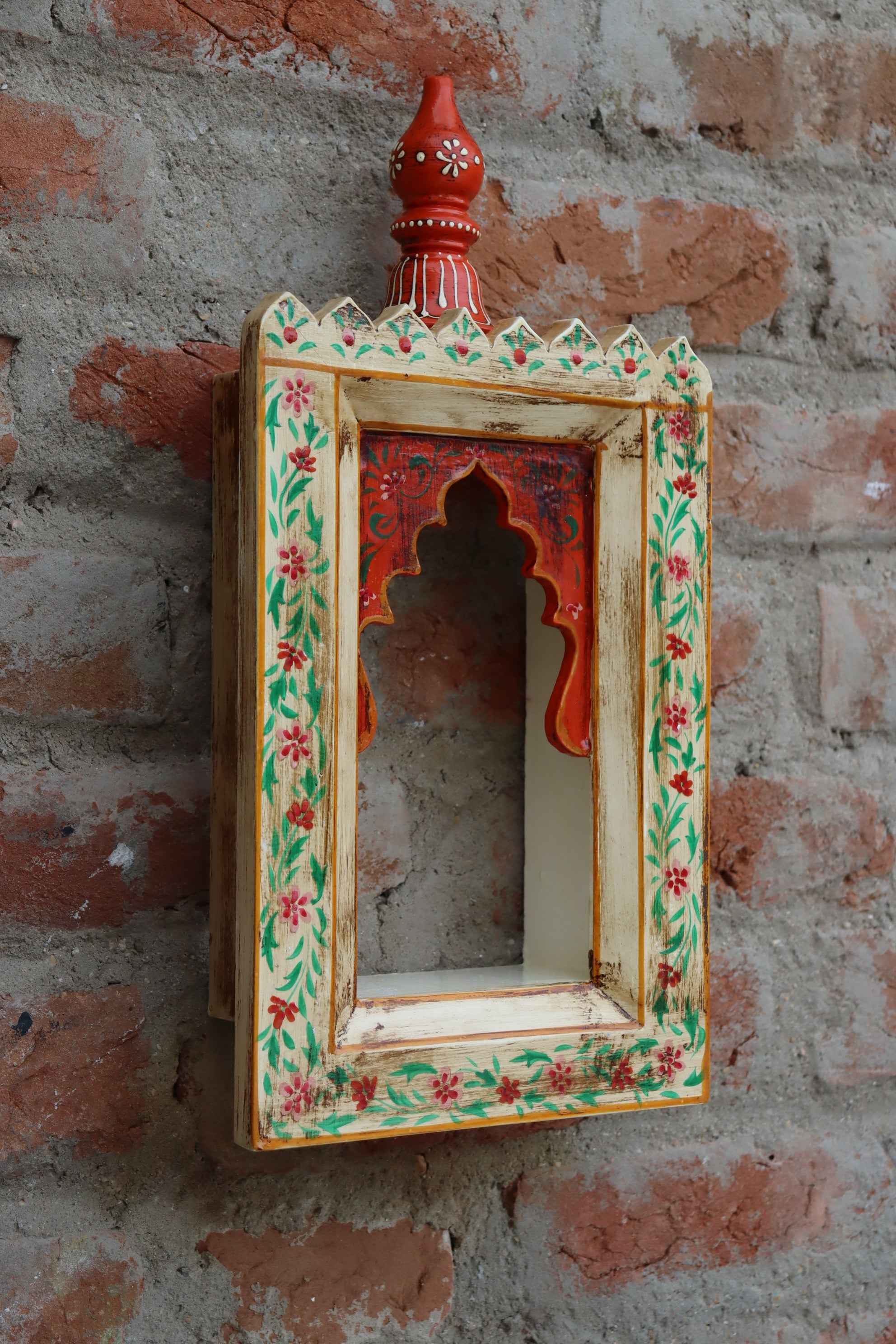KB ART Handpainted Wooden Temple Wall Decor –  White colour handpainted motifs Work Antique Look Handcarved Wall Hanging Mandir