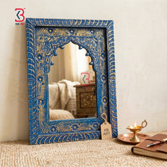 KB ART Jharokha Mirror Distressed Blue - Side Angle Showing Finish and Craftsmanship - Handcrafted Wooden Decor Jodhpur