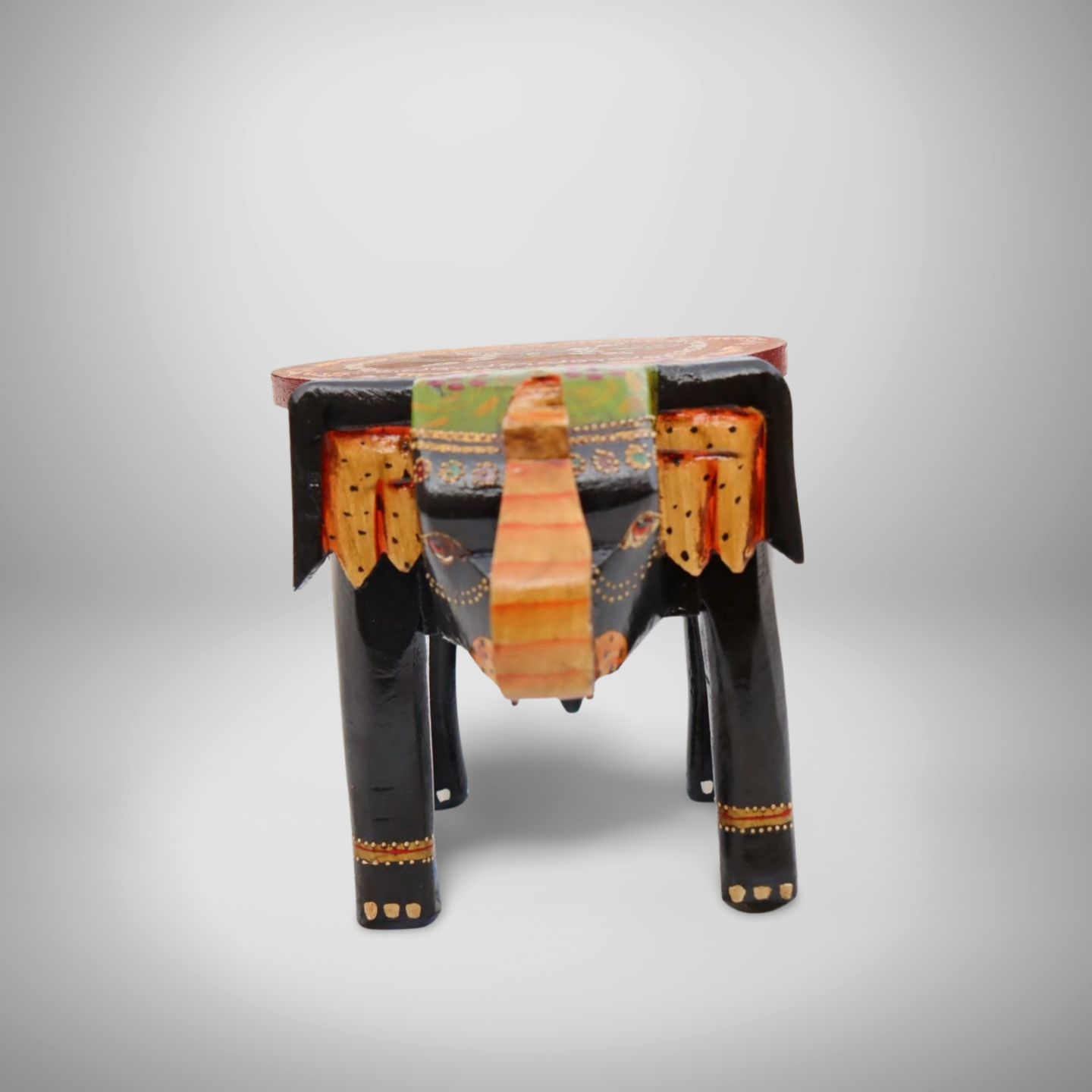 KB ART Handpainted Wooden Elephant Stool –  8 Inch Black & Red Misri Art | Handcarved Antique Look Home Decor & Gifting