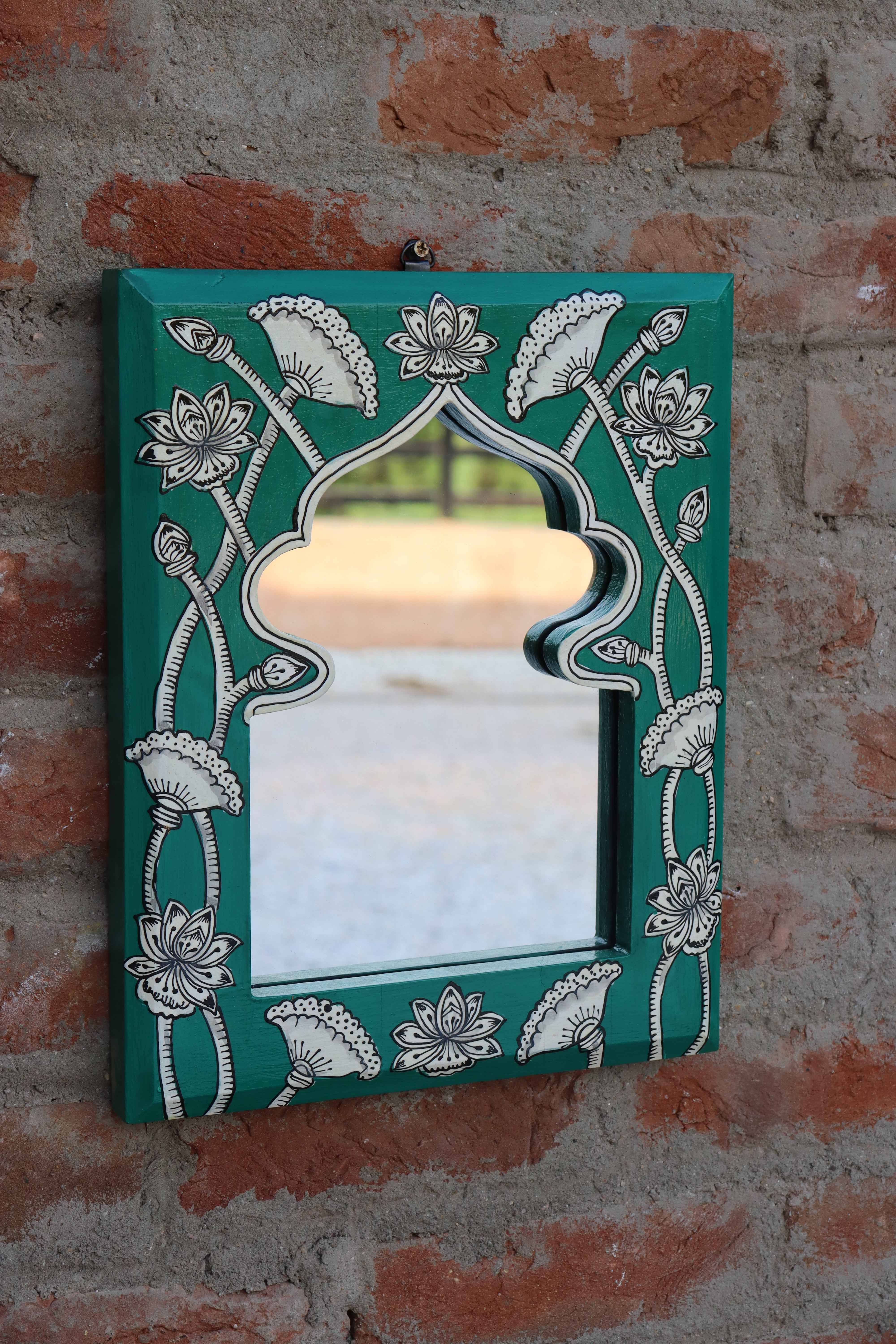 KB ART Handpainted Wooden Wall Mirror – Turquoise Pattachitra Arch Frame | Boho Jharokha Mirror | Traditional Indian Home Decor | Handpainted Wooden Wall Mirror from Jodhpur