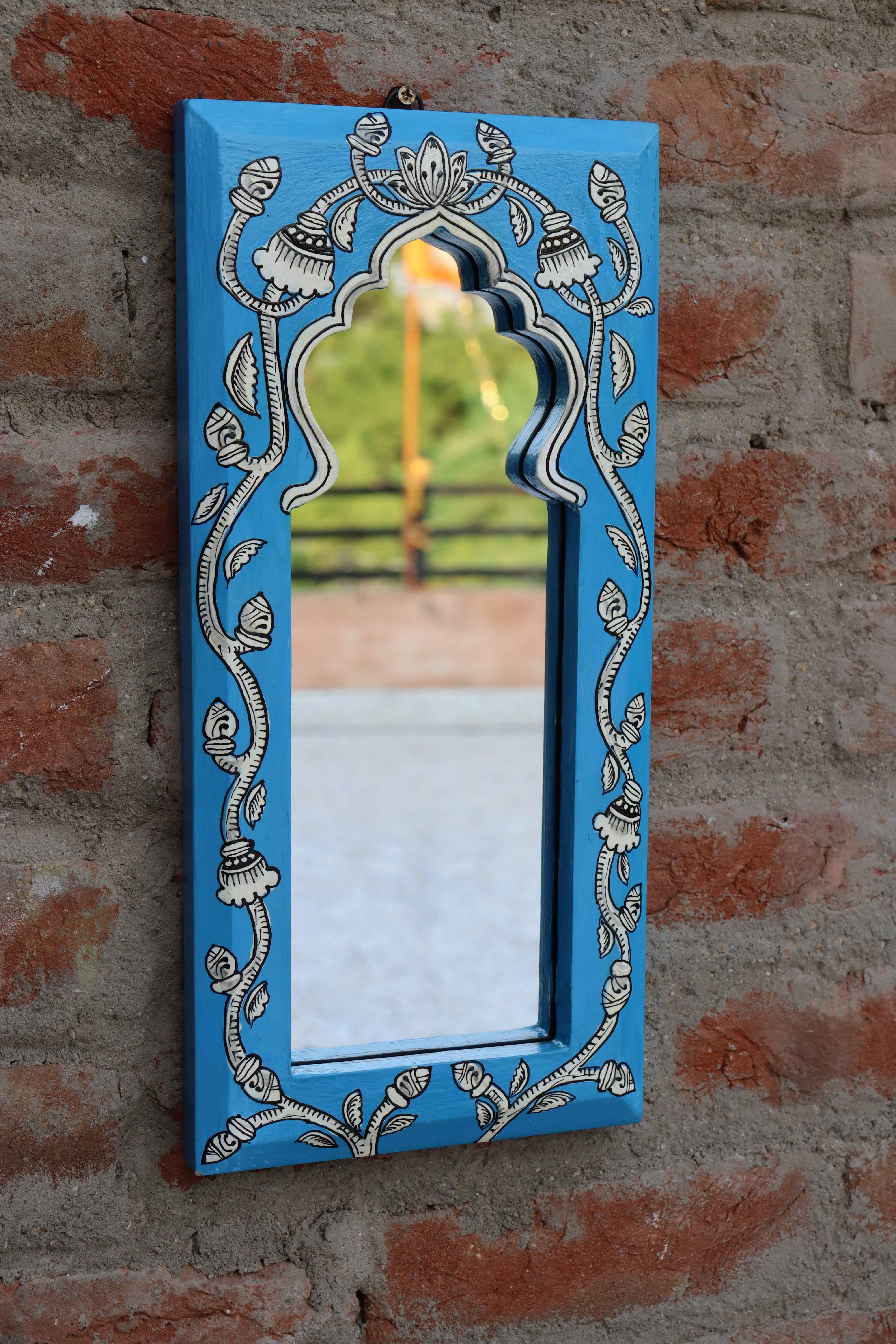 KB ART Handpainted Wooden Wall Mirror – Jodhpuri Blue Pattachitra Arch Frame |  Boho Jharokha Mirror | Traditional Indian Home Decor