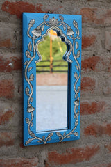 KB ART Handpainted Wooden Wall Mirror – Jodhpuri Blue Pattachitra Arch Frame |  Boho Jharokha Mirror | Traditional Indian Home Decor