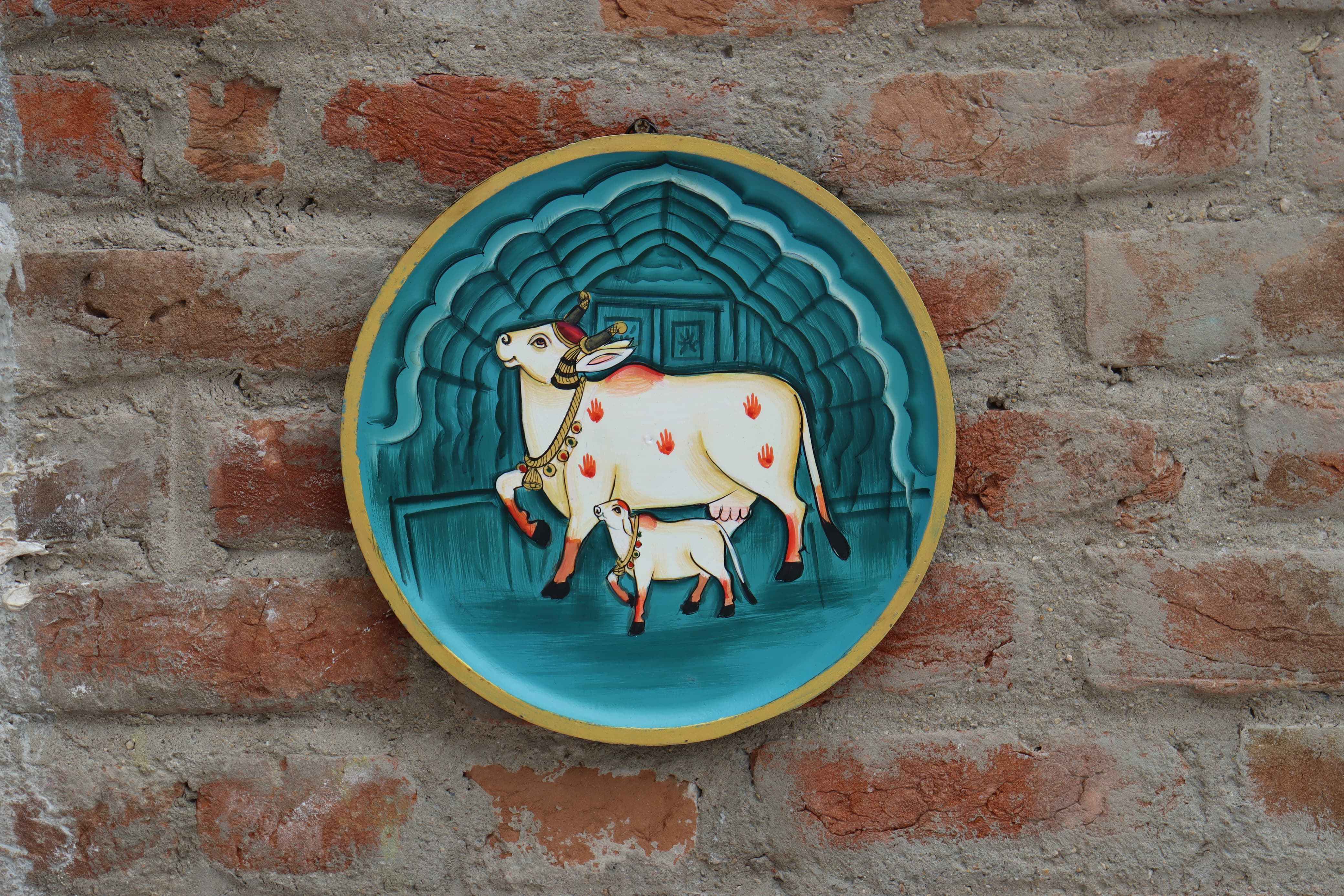 KB ART 12x12 Inch Round Wooden Pichwai Cow Wall Plate  | Handpainted Blue Lotus Cow Art | Traditional Indian Home Decor