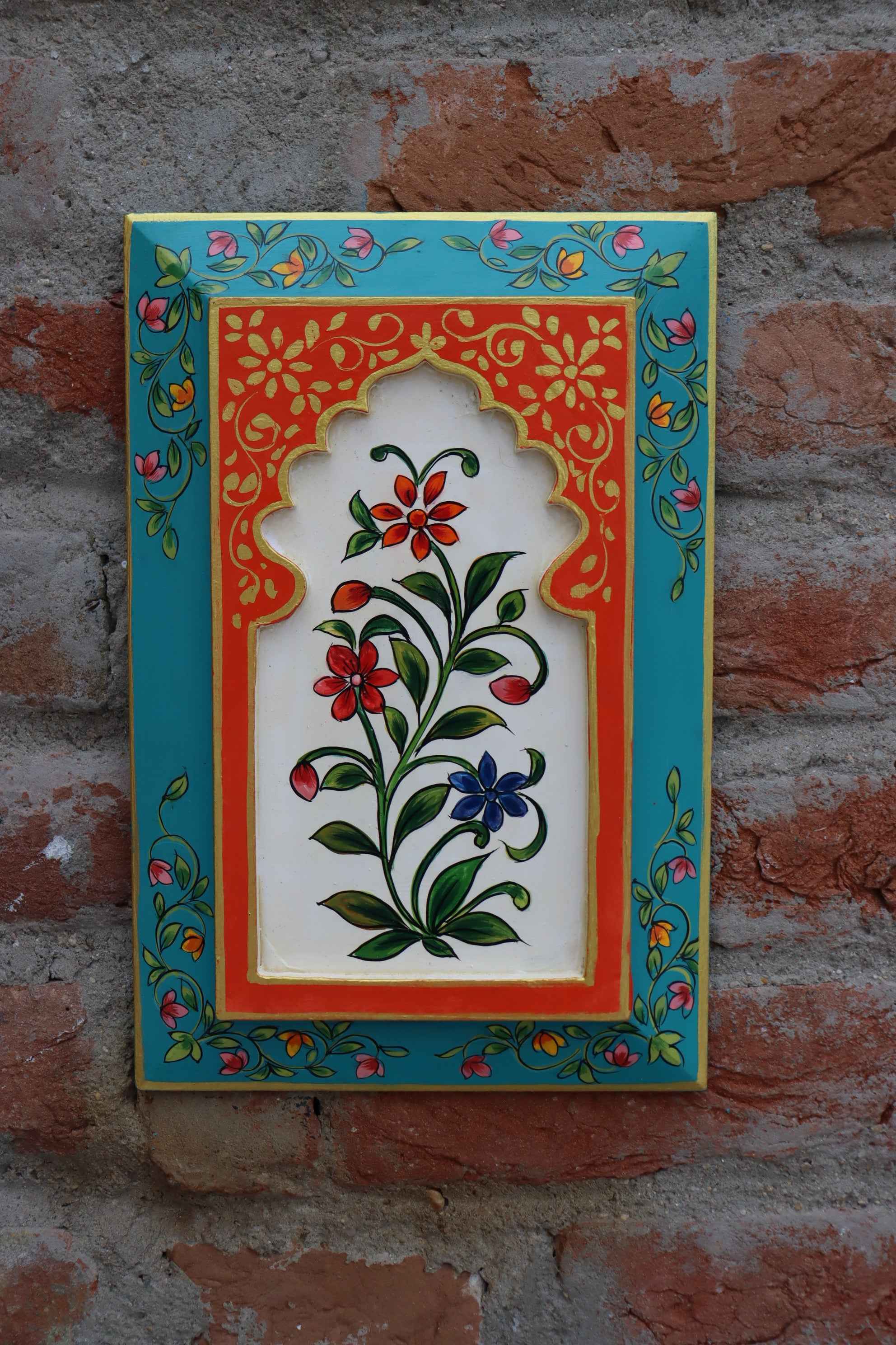 KB ART Handpainted Wooden Jharokha Wall Panel –  Turquoise & Orange Floral Mughal Arch Decor | Antique Ethnic Wall Hanging