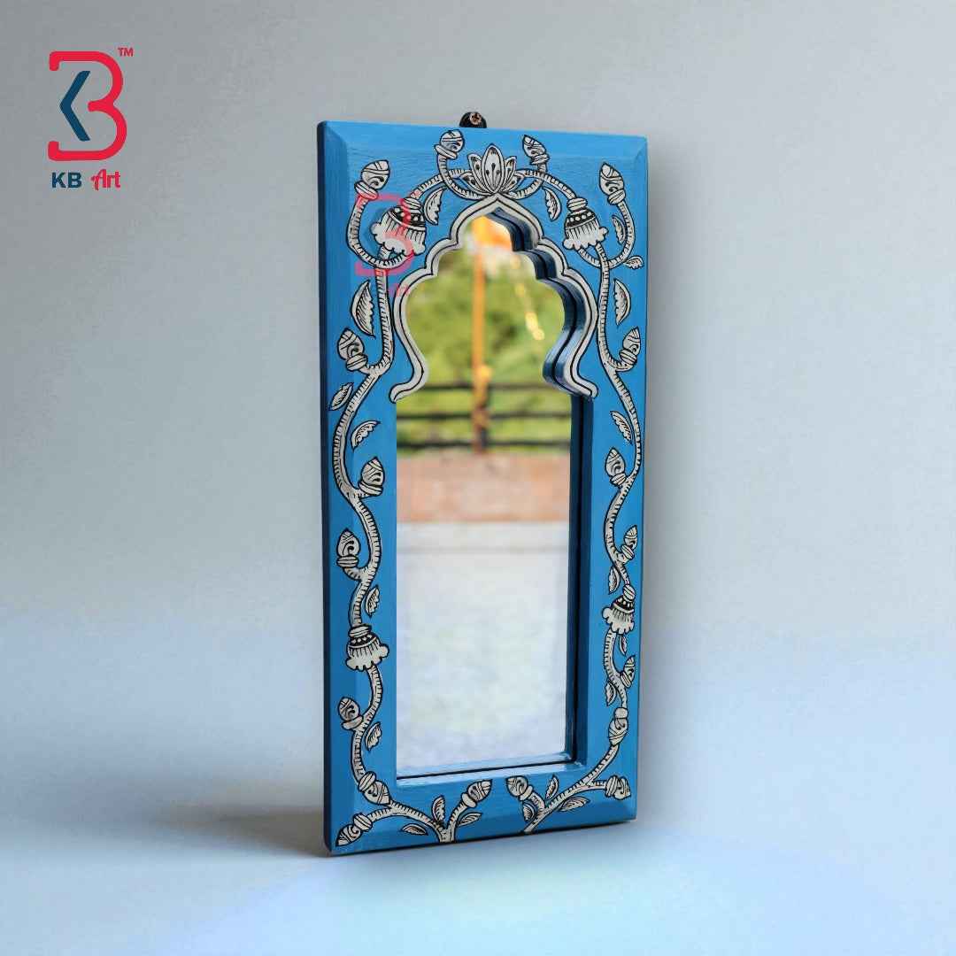 KB ART Handpainted Wooden Wall Mirror – Jodhpuri Blue Pattachitra Arch Frame |  Boho Jharokha Mirror | Traditional Indian Home Decor