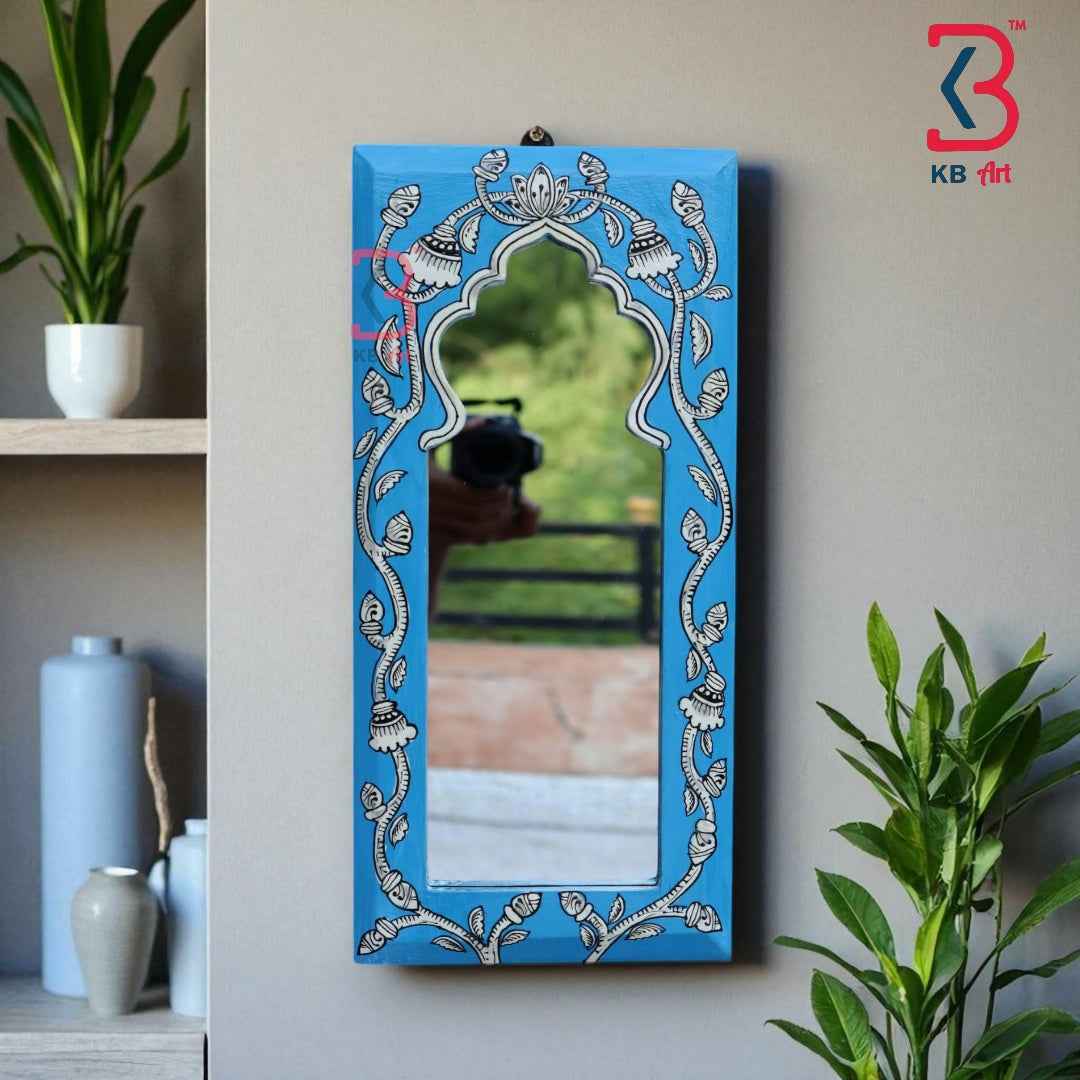 KB ART Handpainted Wooden Wall Mirror – Jodhpuri Blue Pattachitra Arch Frame |  Boho Jharokha Mirror | Traditional Indian Home Decor