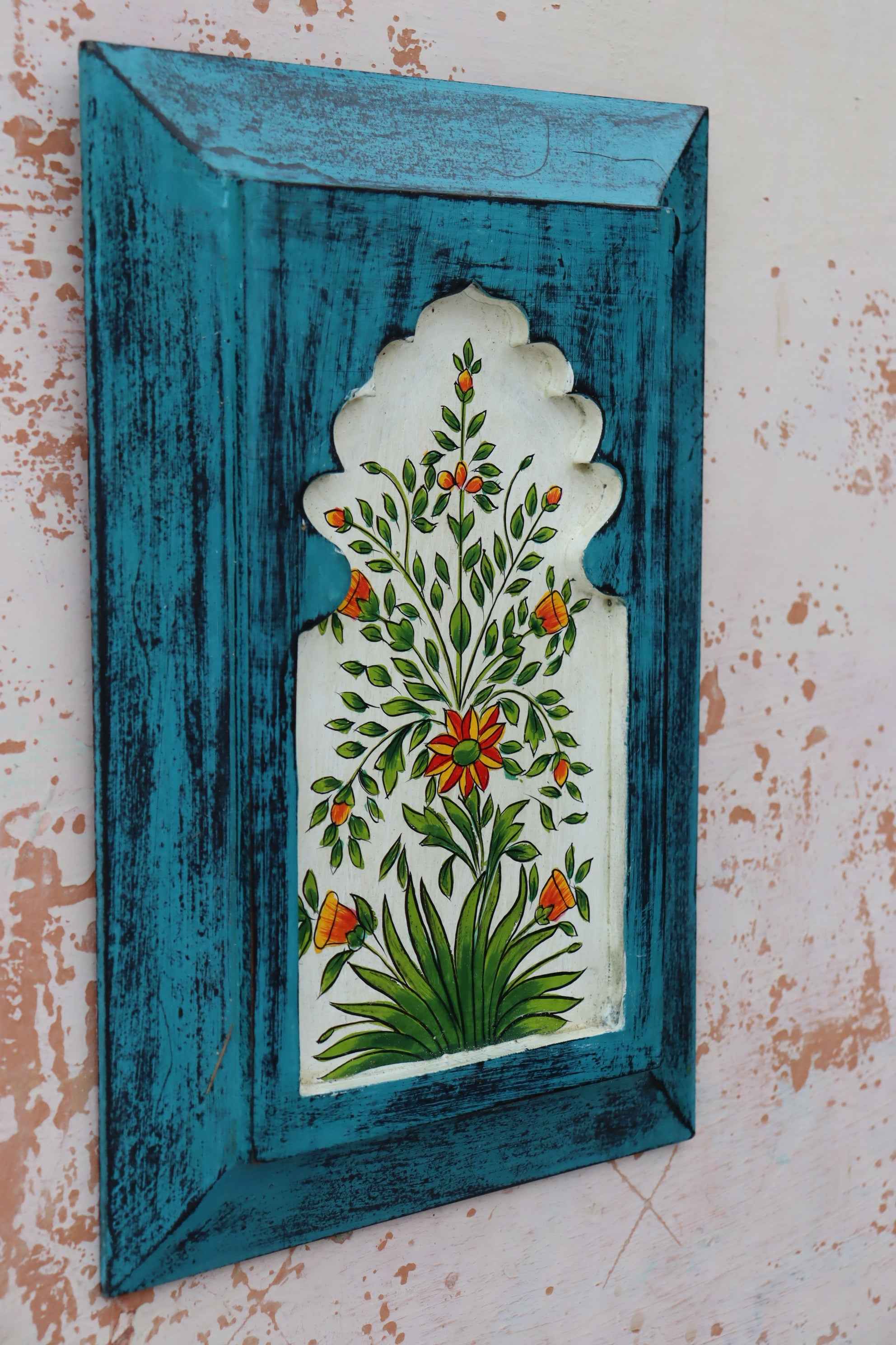 KB ART Handpainted Wooden Jharokha Wall Panel –  Turquoise Floral Mughal Arch Decor | Antique Look Wall Hanging