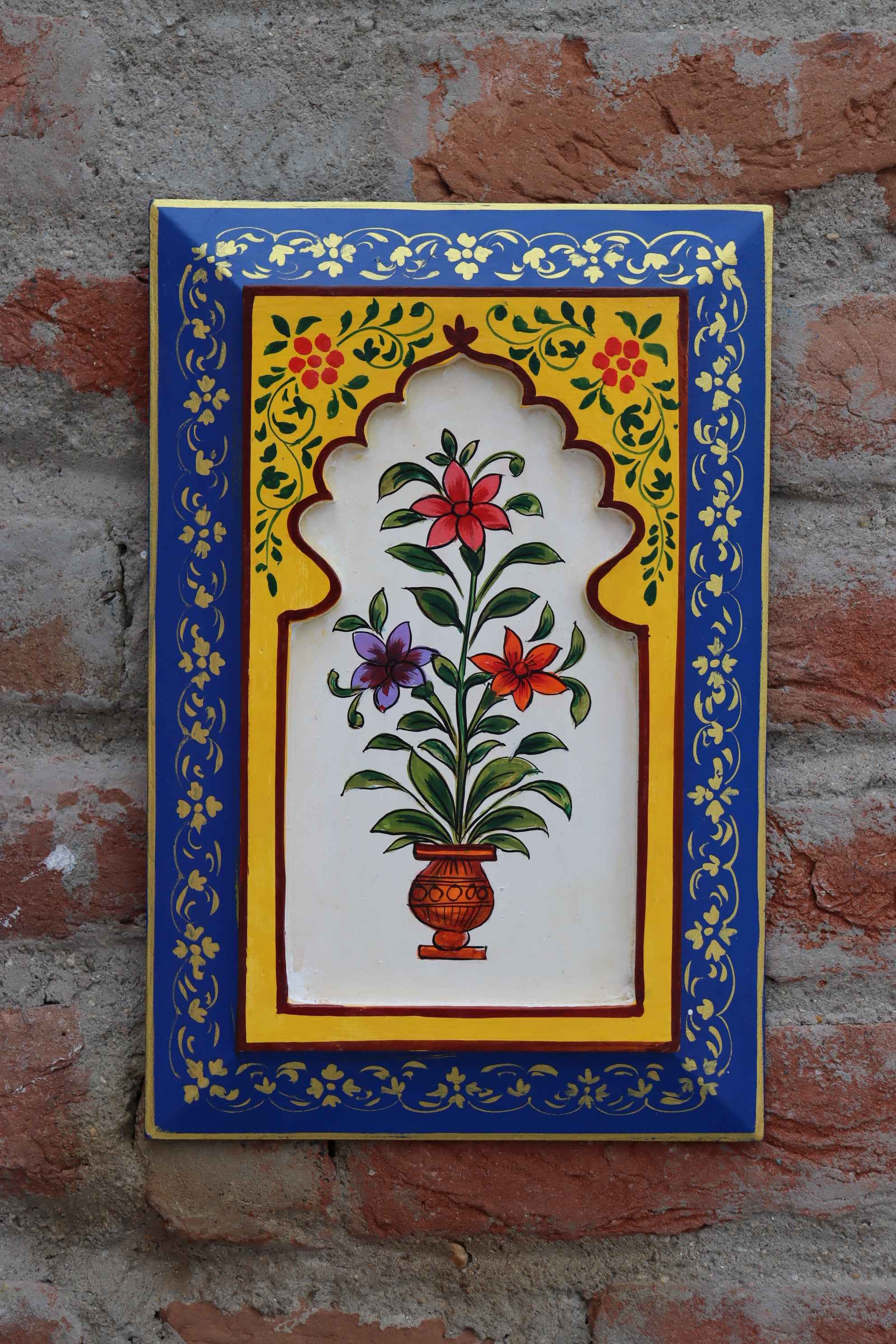 KB ART Handpainted Wooden Wall Jharokha Panel Arch Décor –  Dark Blue & Yellow Floral Mughal Painting | Antique Look Home & Interior Decor