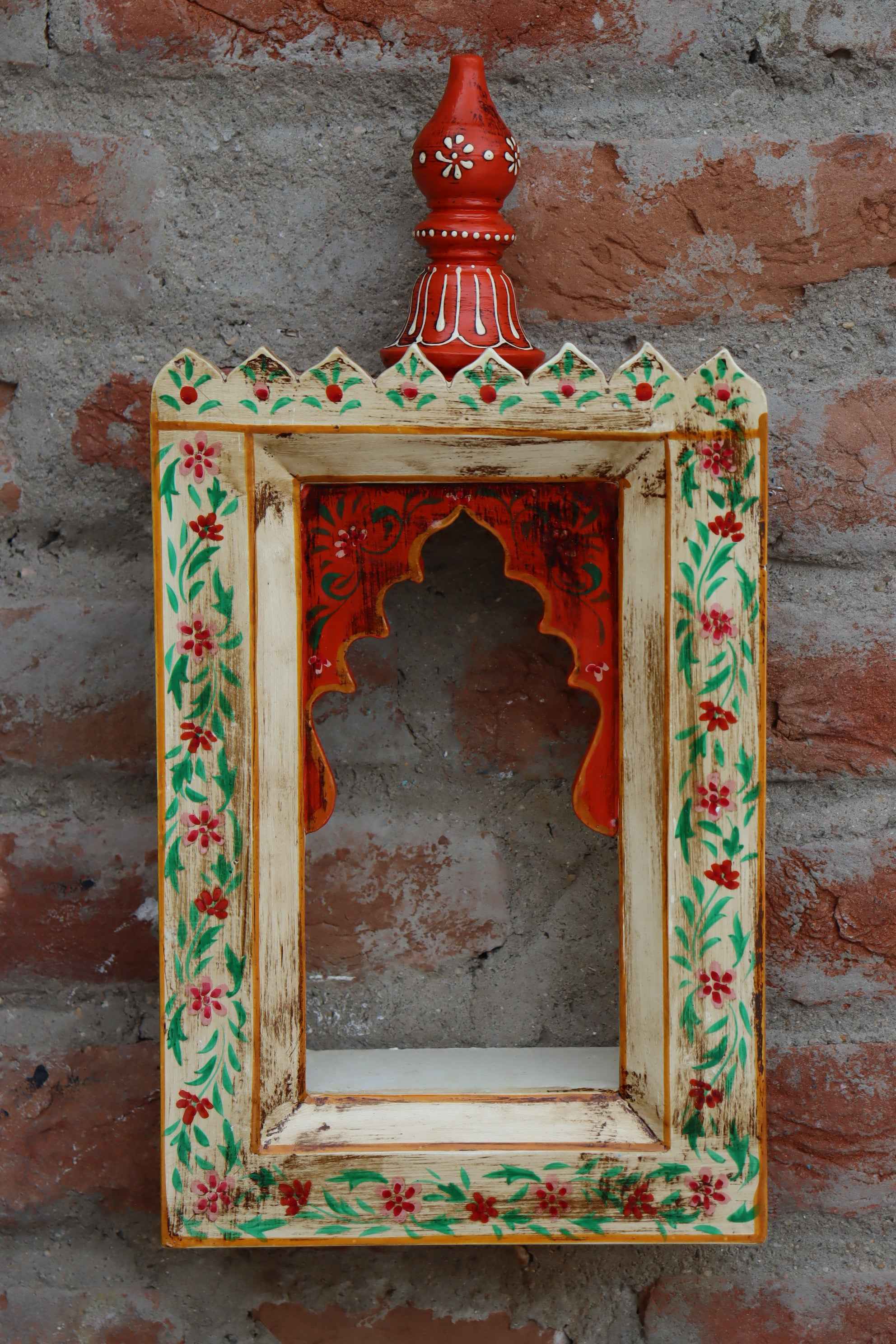 KB ART Handpainted Wooden Temple Wall Decor –  White colour handpainted motifs Work Antique Look Handcarved Wall Hanging Mandir