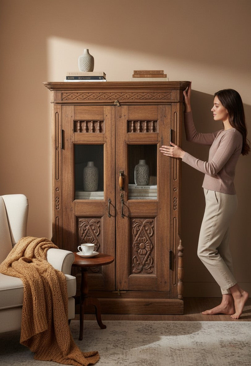 Farmhouse Antique Wood Armoire - genuine handcrafted solid wood india antique furniture, KBART SKU KBART-1041, front view