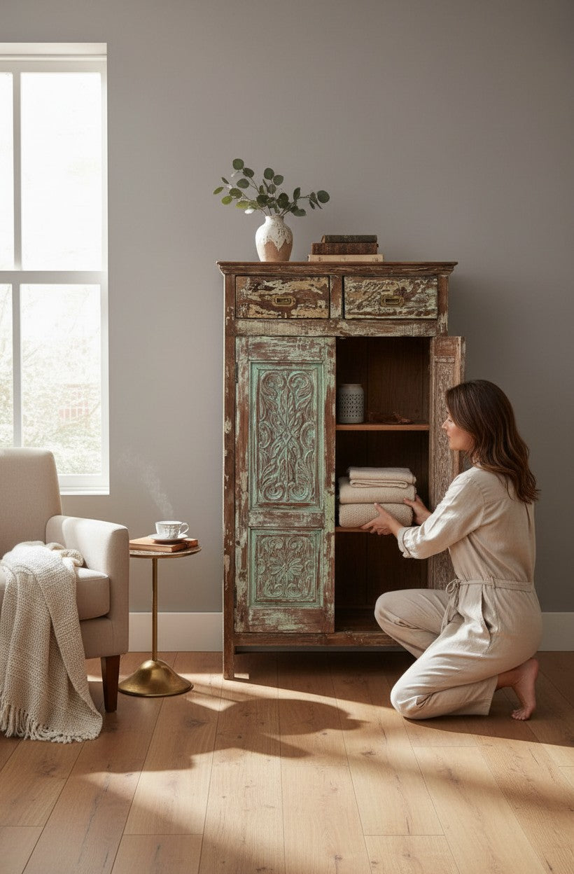 Rich Texture Wood Almirah - genuine handcrafted solid wood india antique furniture, KBART SKU KBART-1074, front view