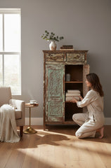 Rich Texture Wood Almirah - genuine handcrafted solid wood india antique furniture, KBART SKU KBART-1074, front view