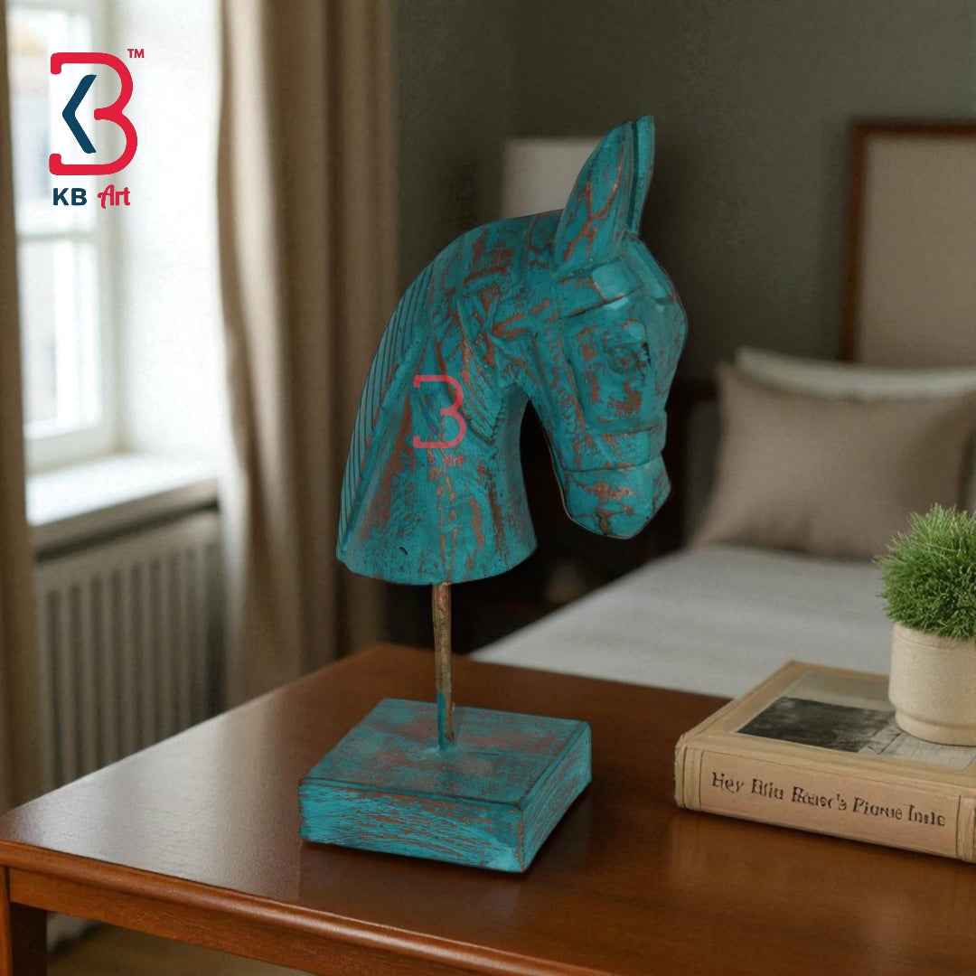 KB ART 11 Inch Wooden Handcarved Half Horse Head Statue with Stand –  Turquoise Distress Antique Look Table Decor with Gold Touch